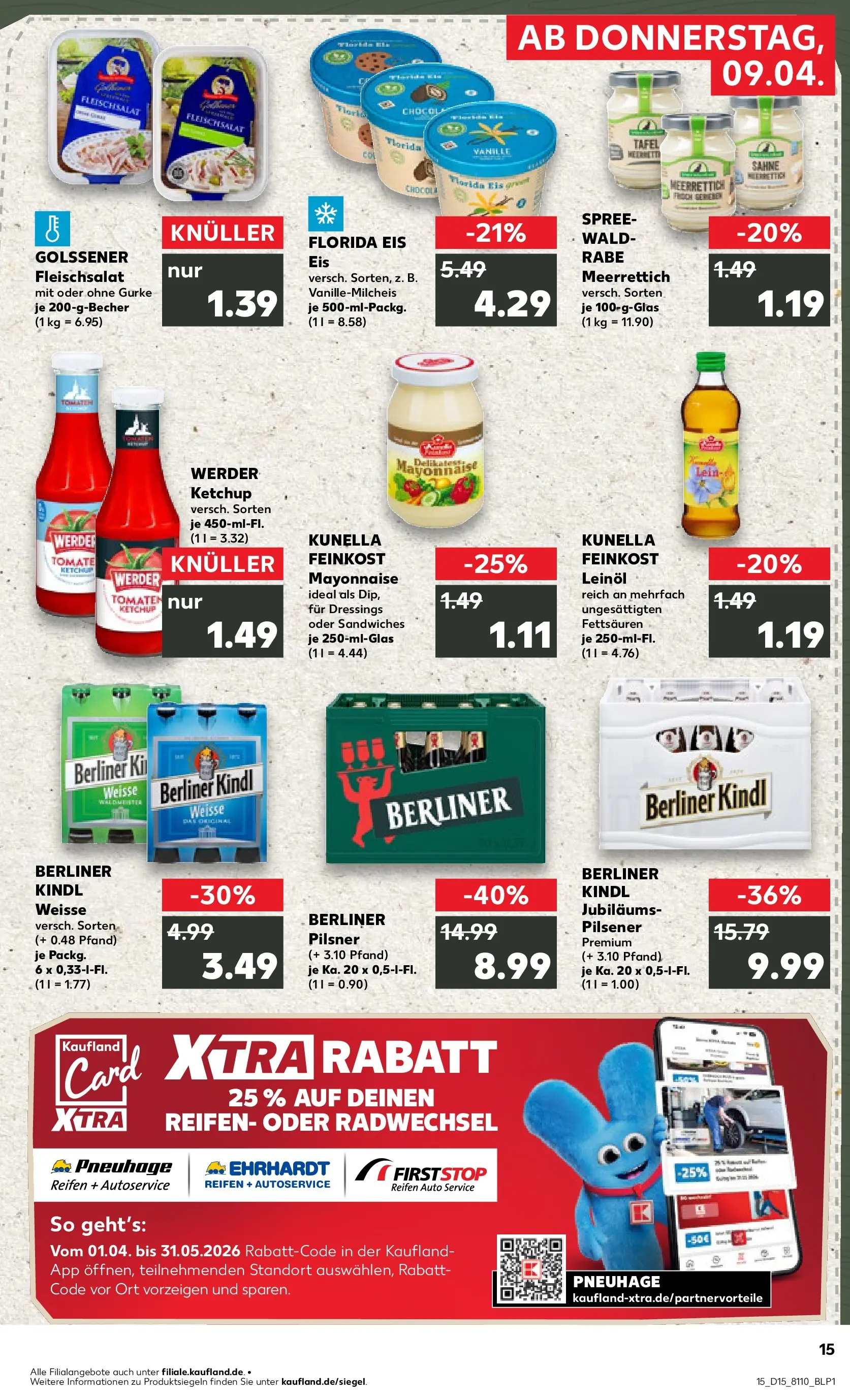 Prospekt Kaufland ab 08.04.2026 » Angebote Online zum Blättern | Seite: 15 | Produkte: Leinöl, Ketchup, Sahne, Berliner pilsner