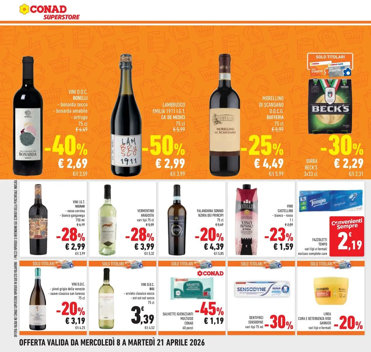 Volantino Conad dal 07/04/2026 > Anteprima | Pagina: 28 | Prodotti: Salviette igienizzanti, Birra, Fazzoletti, Vino