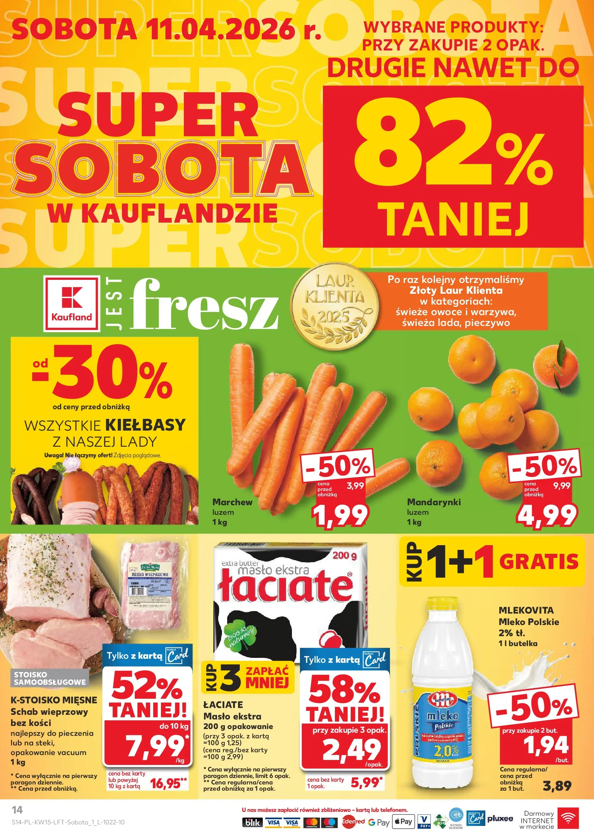 Kaufland gazetka od 09.04.2026 - od jutra PDF | Strona: 14 | Produkty: Karta, Schab wieprzowy, Masło, Mandarynki