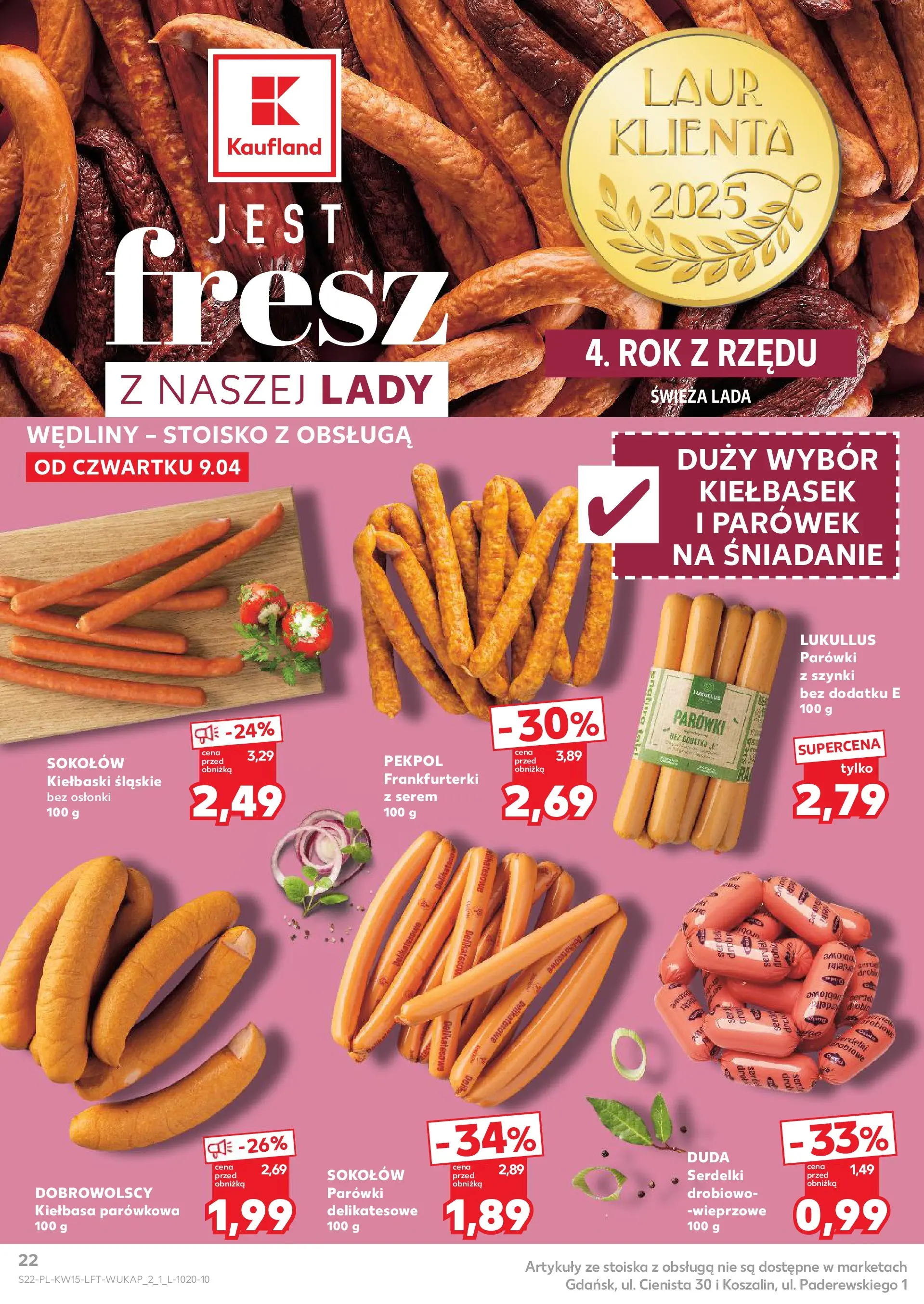 Kaufland gazetka od 09.04.2026 - od jutra PDF | Strona: 22 | Produkty: Kiełbasa, Parówki z szynki, Parówki, Kiełbaski