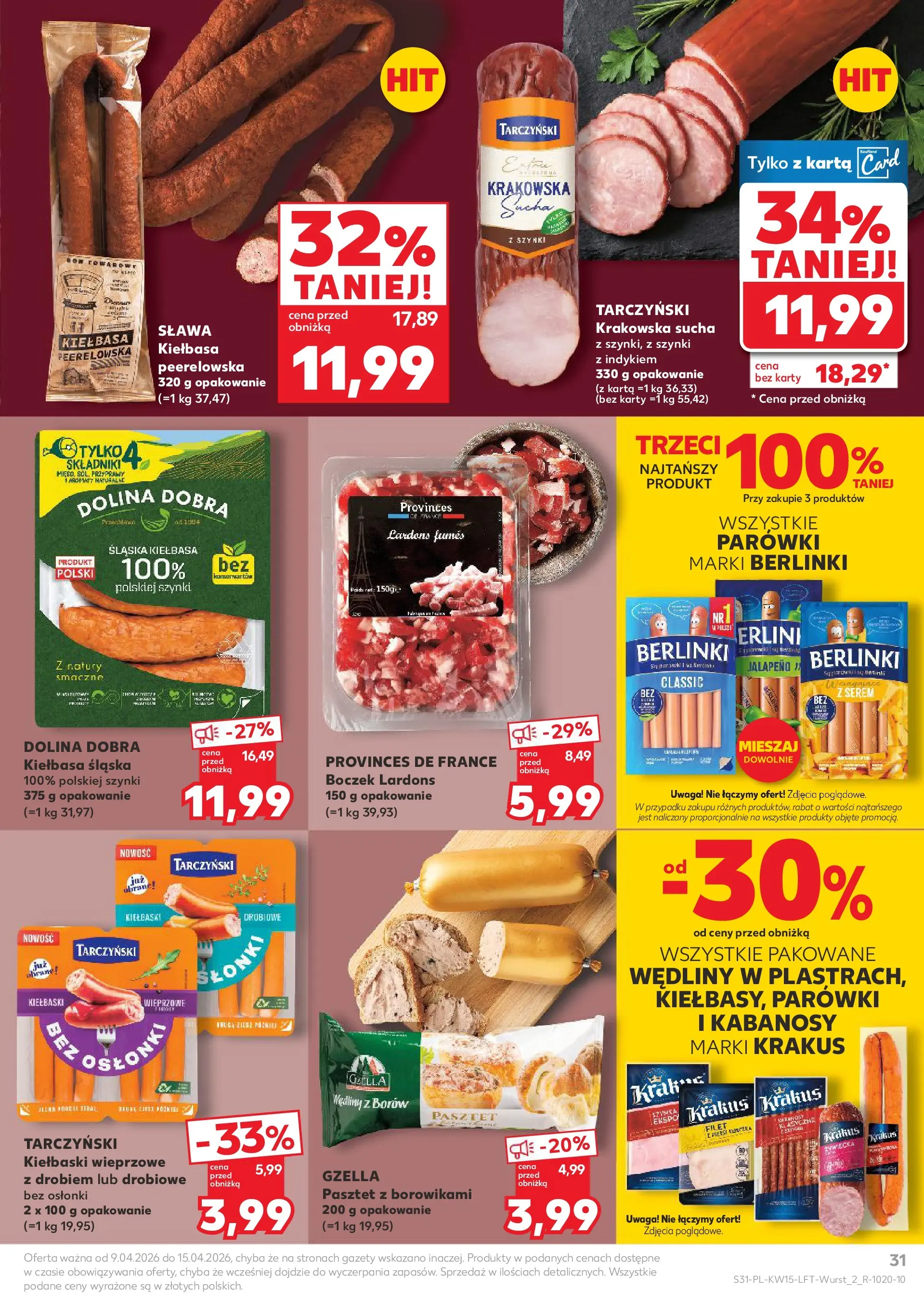 Kaufland gazetka od 09.04.2026 - od jutra PDF | Strona: 31 | Produkty: Karta, Parówki wieprzowe, Kabanosy, Kiełbasa śląska