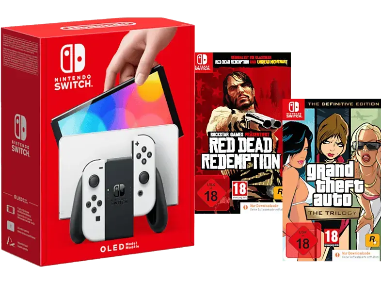 NINTENDO Switch Wei&szlig; (OLED Modell) + GTA Trilogy Definitive Edition (Code in the Box) + Red Dead Redemption (Code in the Box); Nintendo Switch OLED Modell----Spielekonsole
