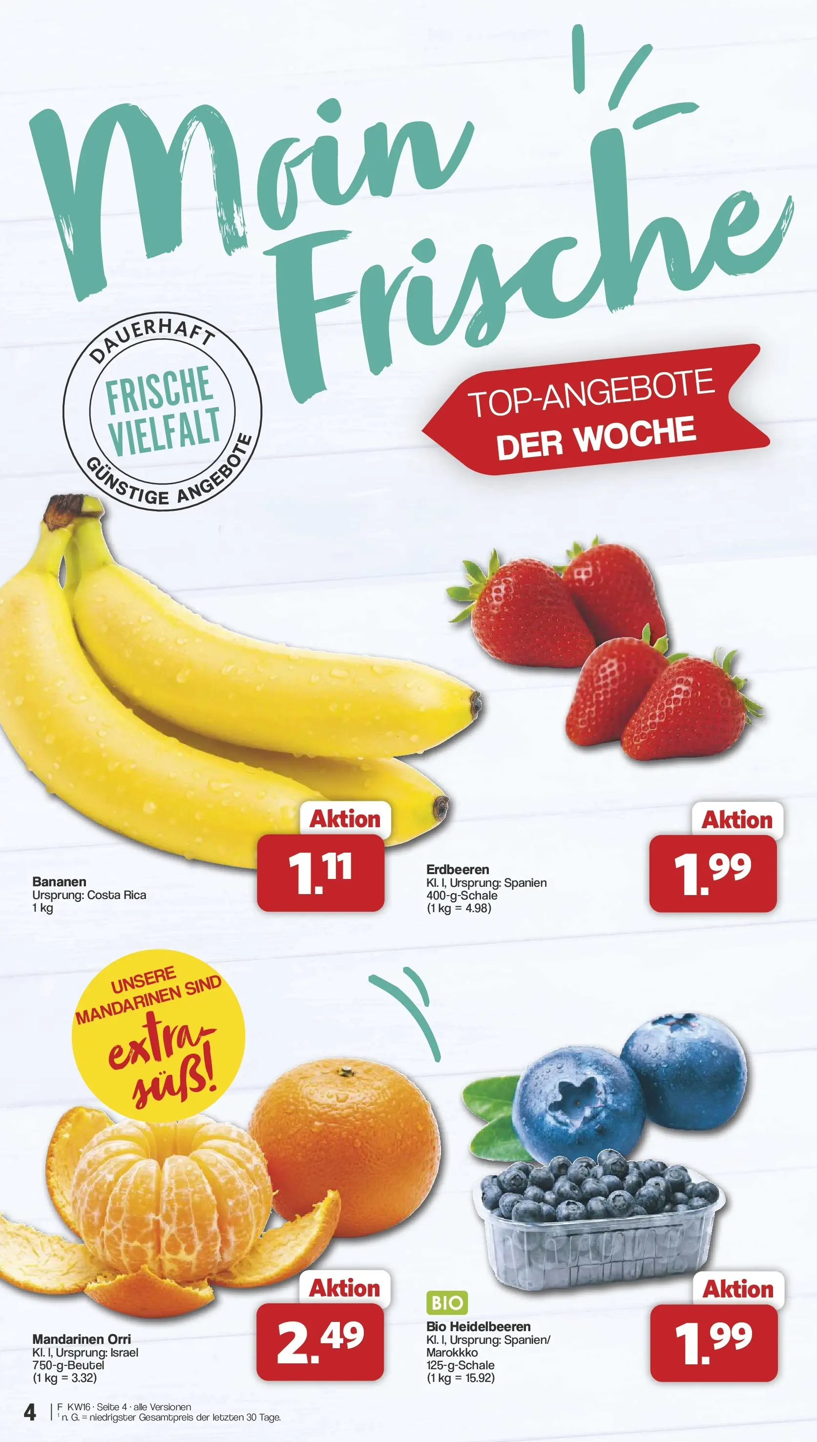 Famila Nordwest Wochenangebote (ab 13.04.2026) zum Blättern | Seite: 4 | Produkte: Bananen, Mandarinen, Heidelbeeren, Erdbeeren