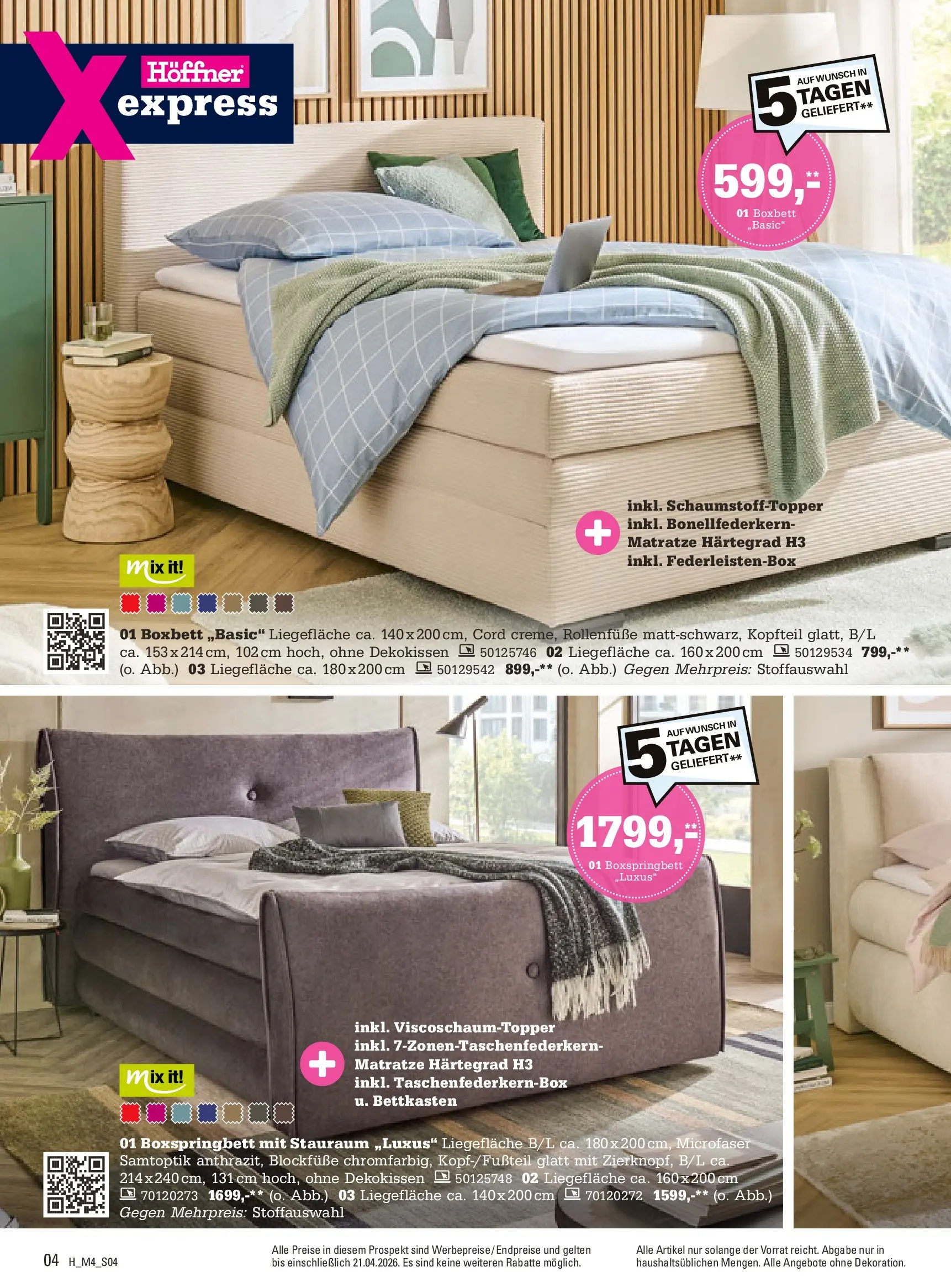 Höffner Prospekt Schönefeld	 (ab 01.04.2026) zum Blättern | Seite: 4 | Produkte: Matratze, Boxspringbett