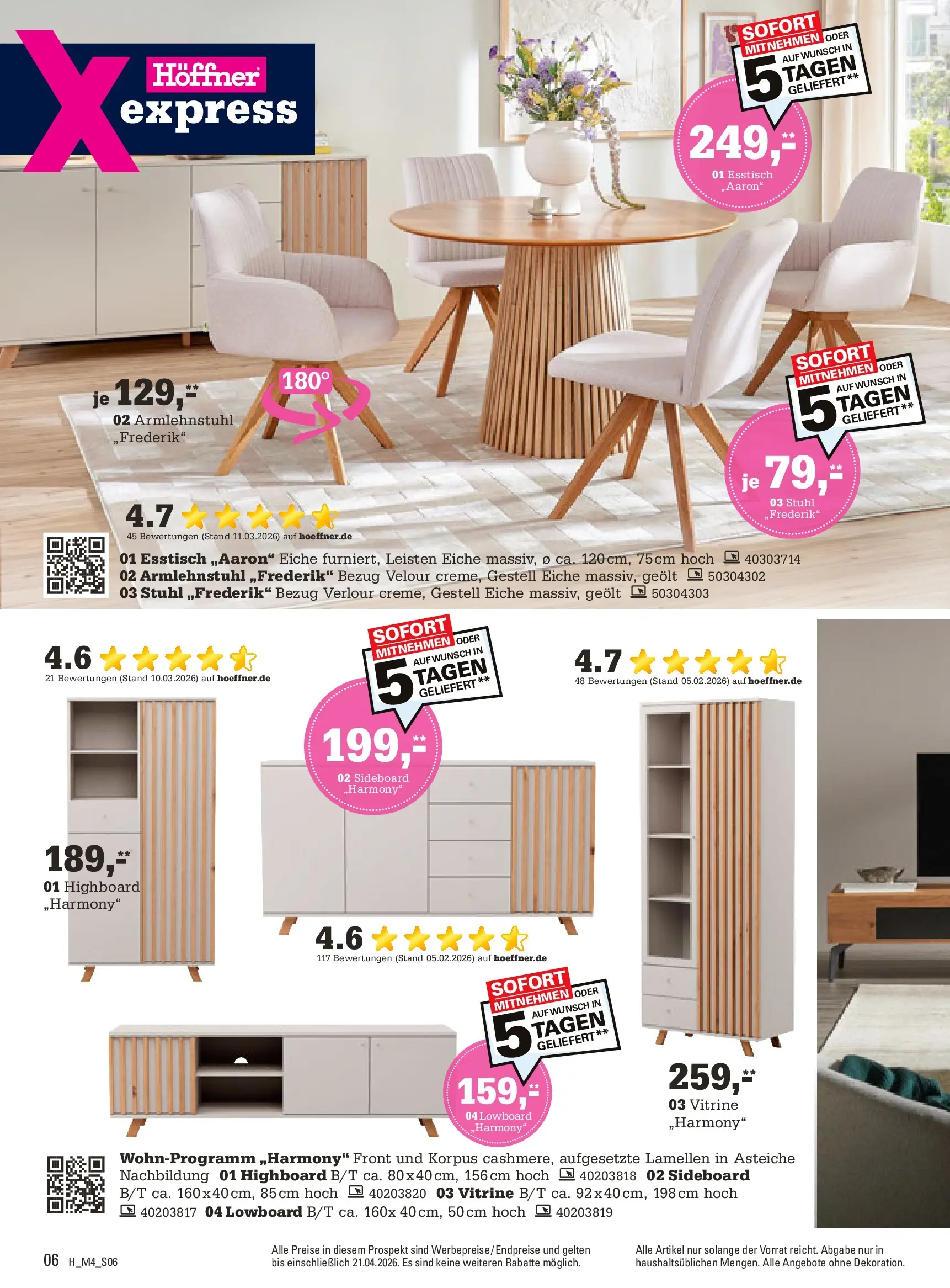 Höffner Prospekt Schönefeld	 (ab 01.04.2026) zum Blättern | Seite: 6 | Produkte: Sideboard, Esstisch, Vitrine, Stuhl