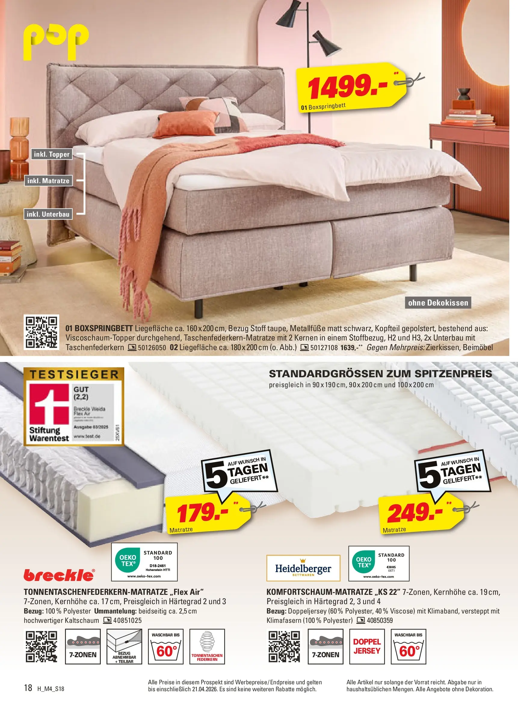 Höffner Prospekt Schönefeld	 (ab 01.04.2026) zum Blättern | Seite: 18 | Produkte: Matratze, Boxspringbett, Topper