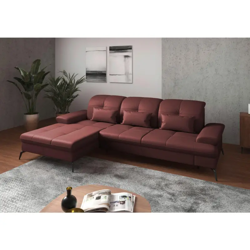 Ecksofa in Vliesstoff Kombination Echtleder/Stoff Rotbraun 185/279 cm