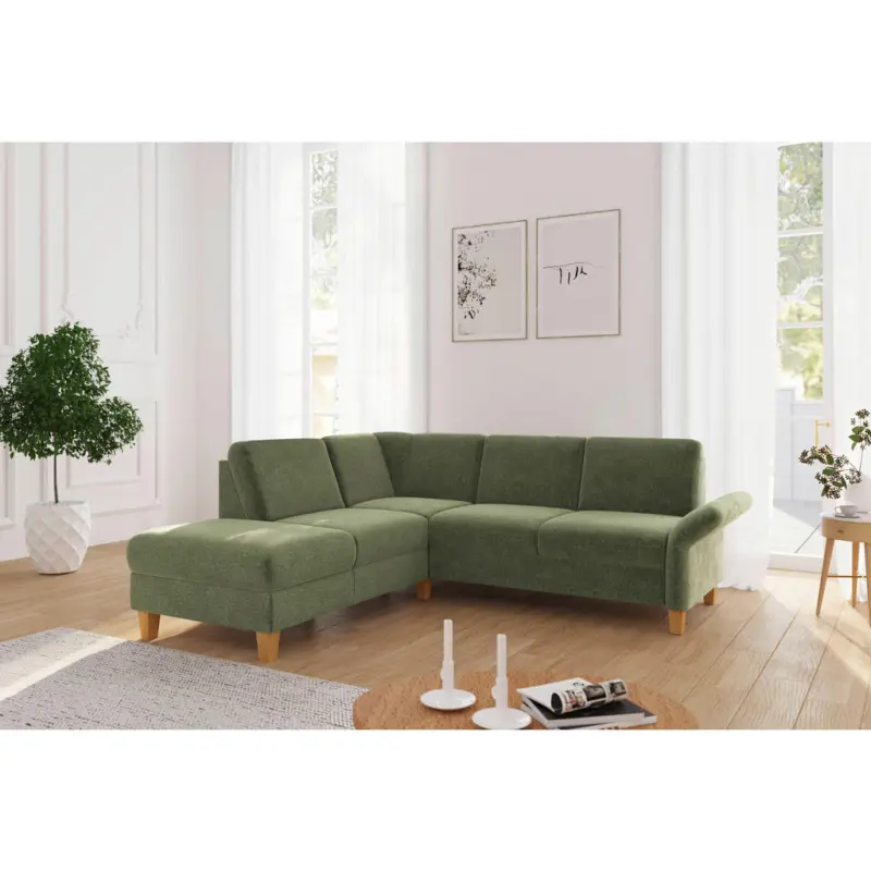 Ecksofa Rochelle E in Flachgewebe Hellgr&uuml;n 216/240 cm