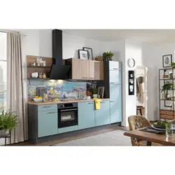 K&uuml;chenleerblock 290 cm in Blau, Grau, Eichefarben