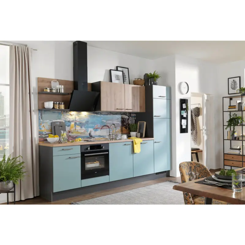K&uuml;chenleerblock 290 cm in Blau, Grau, Eichefarben