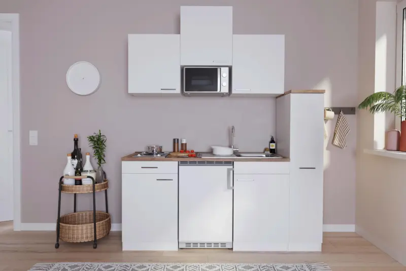 K&uuml;chenzeile Economy m. Ger&auml;te Wei&szlig;/Nussbaum B: ca. 180 cm