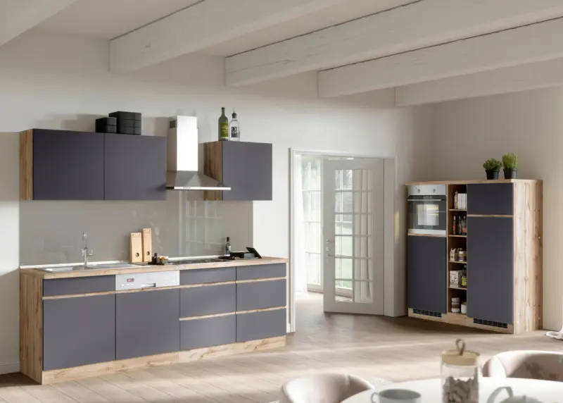 K&uuml;chenblock Turin mit Ger&auml;ten ca. 390 cm Grau/Eiche