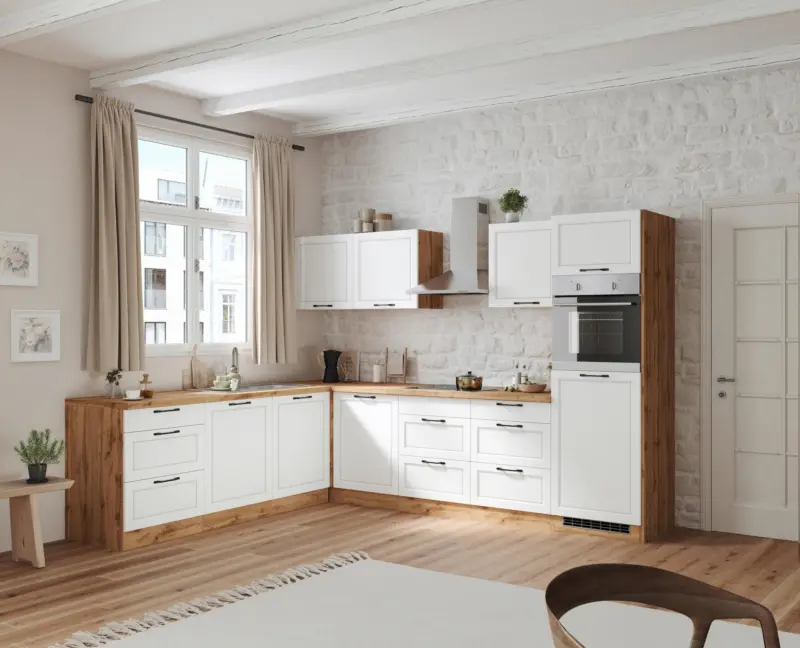 Eckk&uuml;che Meran mit Ger&auml;ten ca. 240x300cm Wei&szlig;/Eiche Dekor