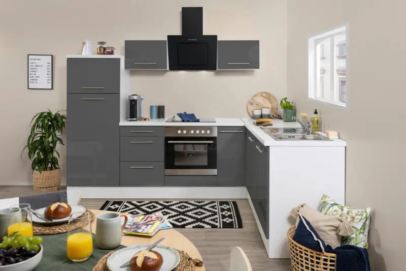 Eckk&uuml;che mit Ger&auml;te Grau Hochglanz/Wei&szlig; ca. 260x200 cm