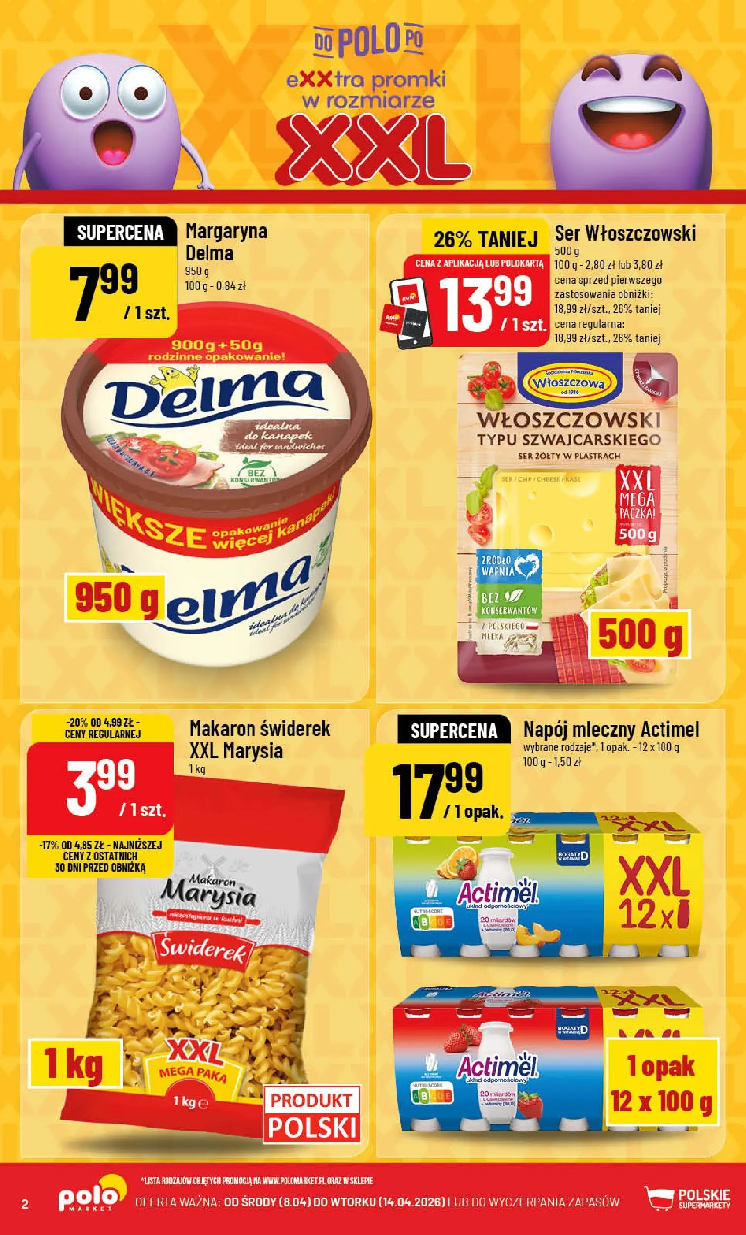 Nowa POLOmarket gazetka od jutra 08.04.2026 | Strona: 2 | Produkty: Ser żółty, Mleka, Margaryna, Makaron