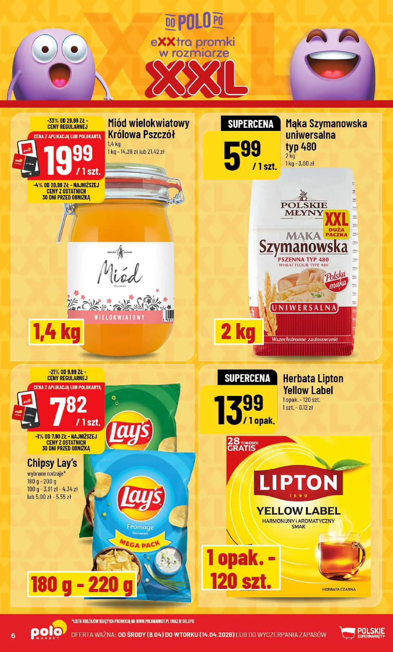 Nowa POLOmarket gazetka od jutra 08.04.2026 | Strona: 6 | Produkty: Chipsy, Miód, Herbata lipton, Herbata
