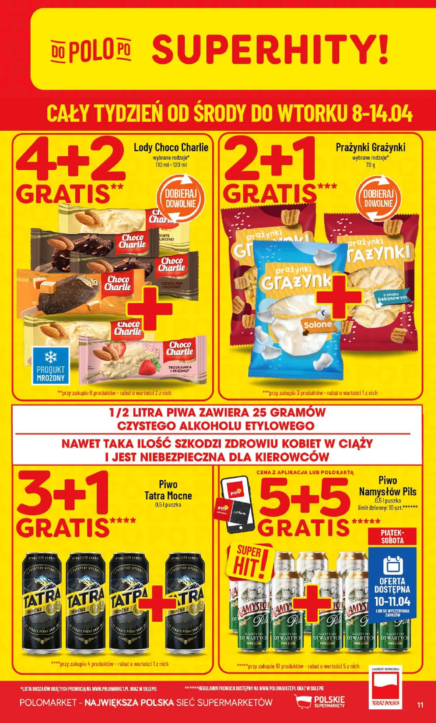 Nowa POLOmarket gazetka od jutra 08.04.2026 | Strona: 11 | Produkty: Piwo, Lody