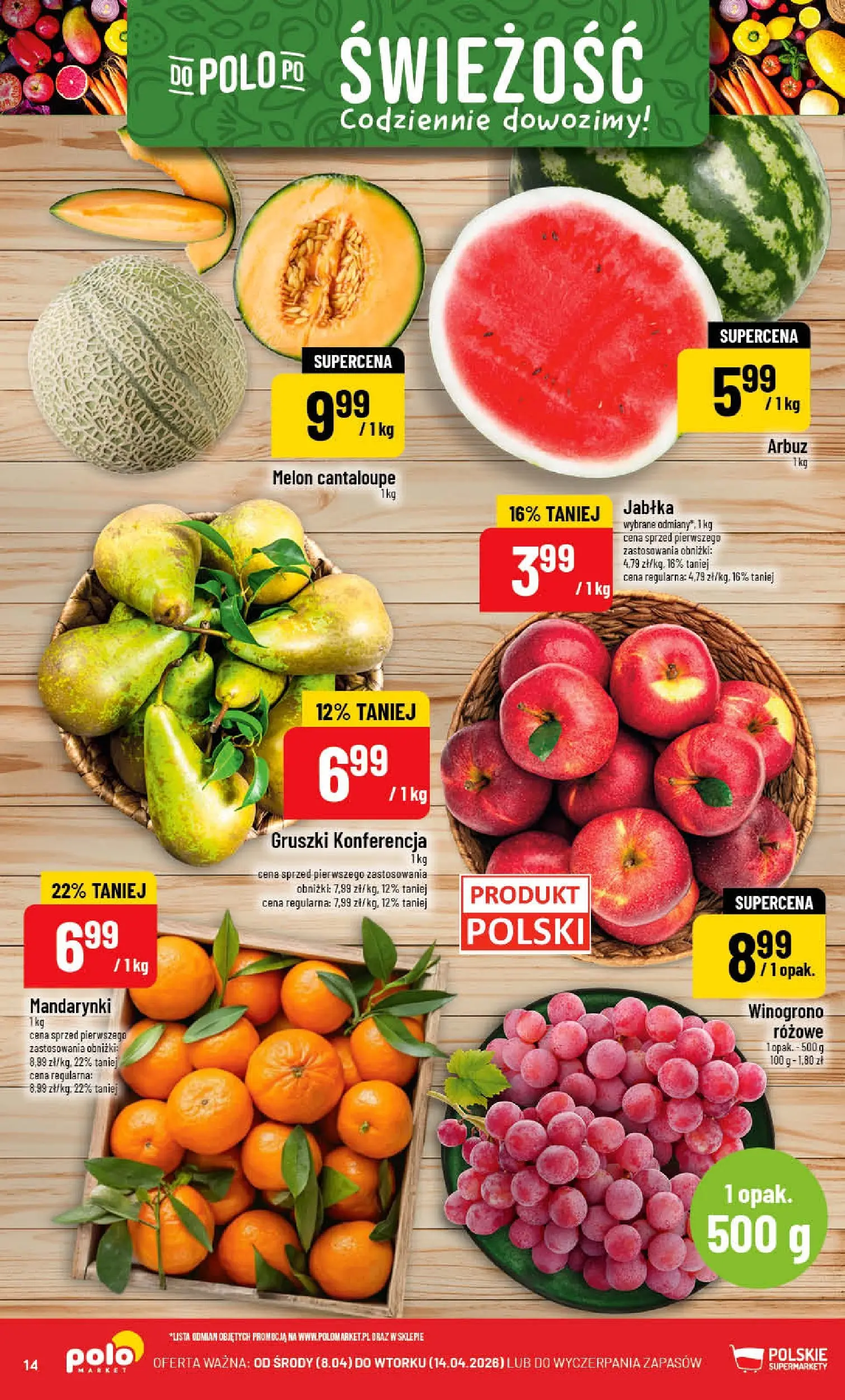 Nowa POLOmarket gazetka od jutra 08.04.2026 | Strona: 14 | Produkty: Melon, Winogrono, Jabłka, Mandarynki