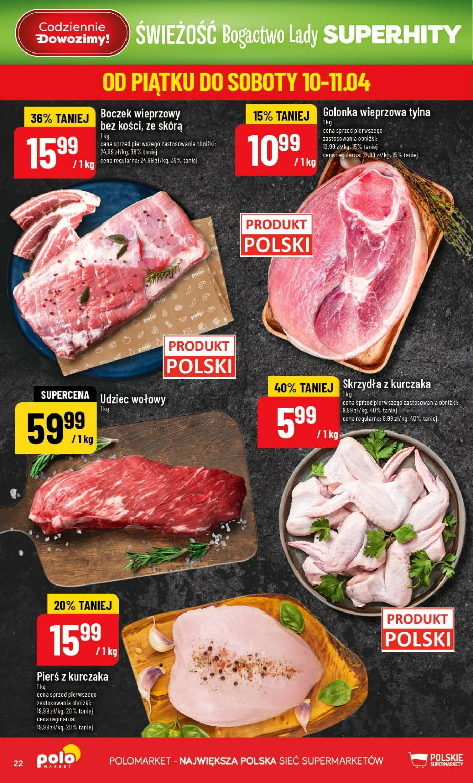 Nowa POLOmarket gazetka od jutra 08.04.2026 | Strona: 22 | Produkty: Pierś z kurczaka, Boczek wieprzowy, Golonka wieprzowa, Boczek