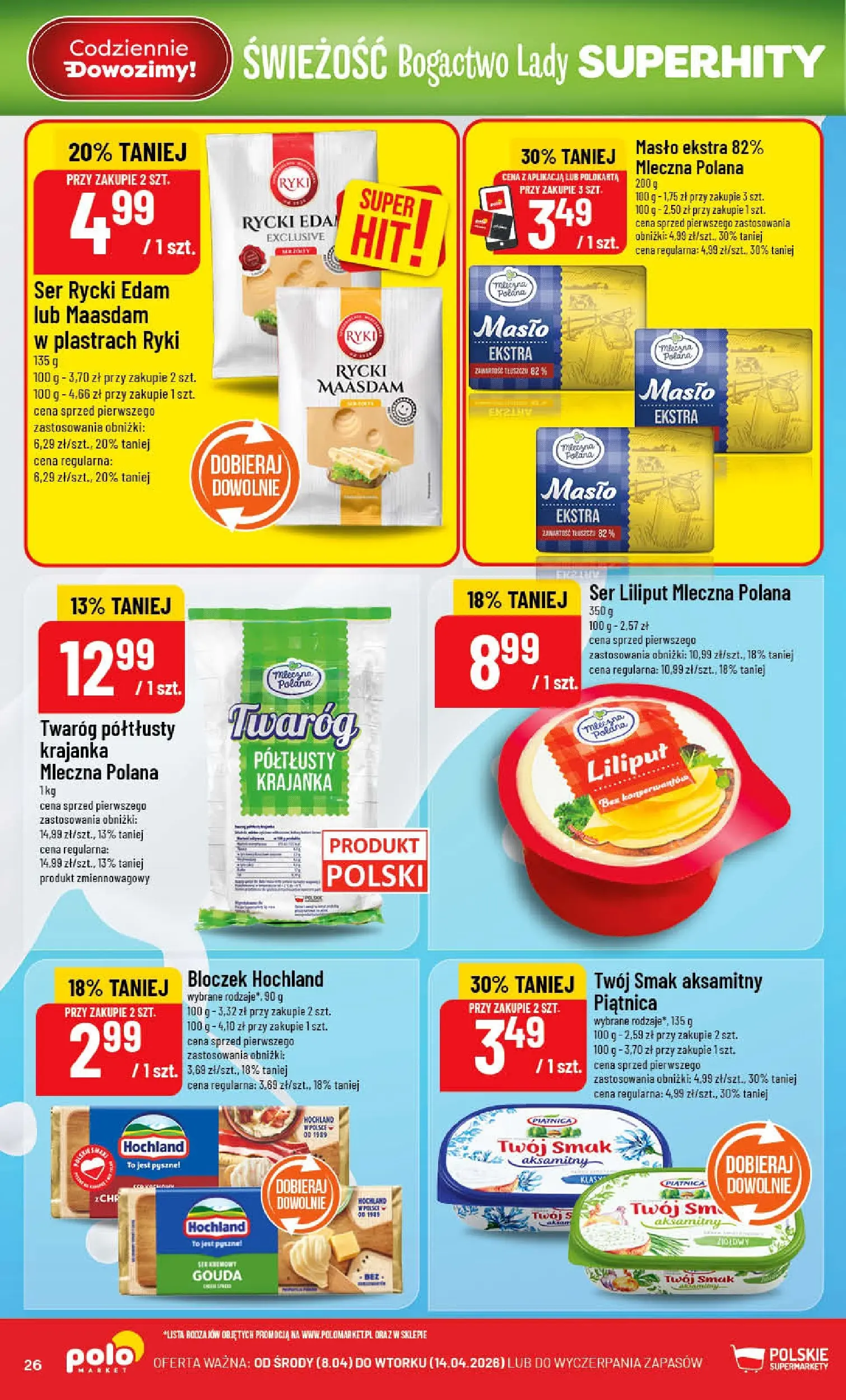 Nowa POLOmarket gazetka od jutra 08.04.2026 | Strona: 26 | Produkty: Twaróg półtłusty, Masło, Ser, Twaróg