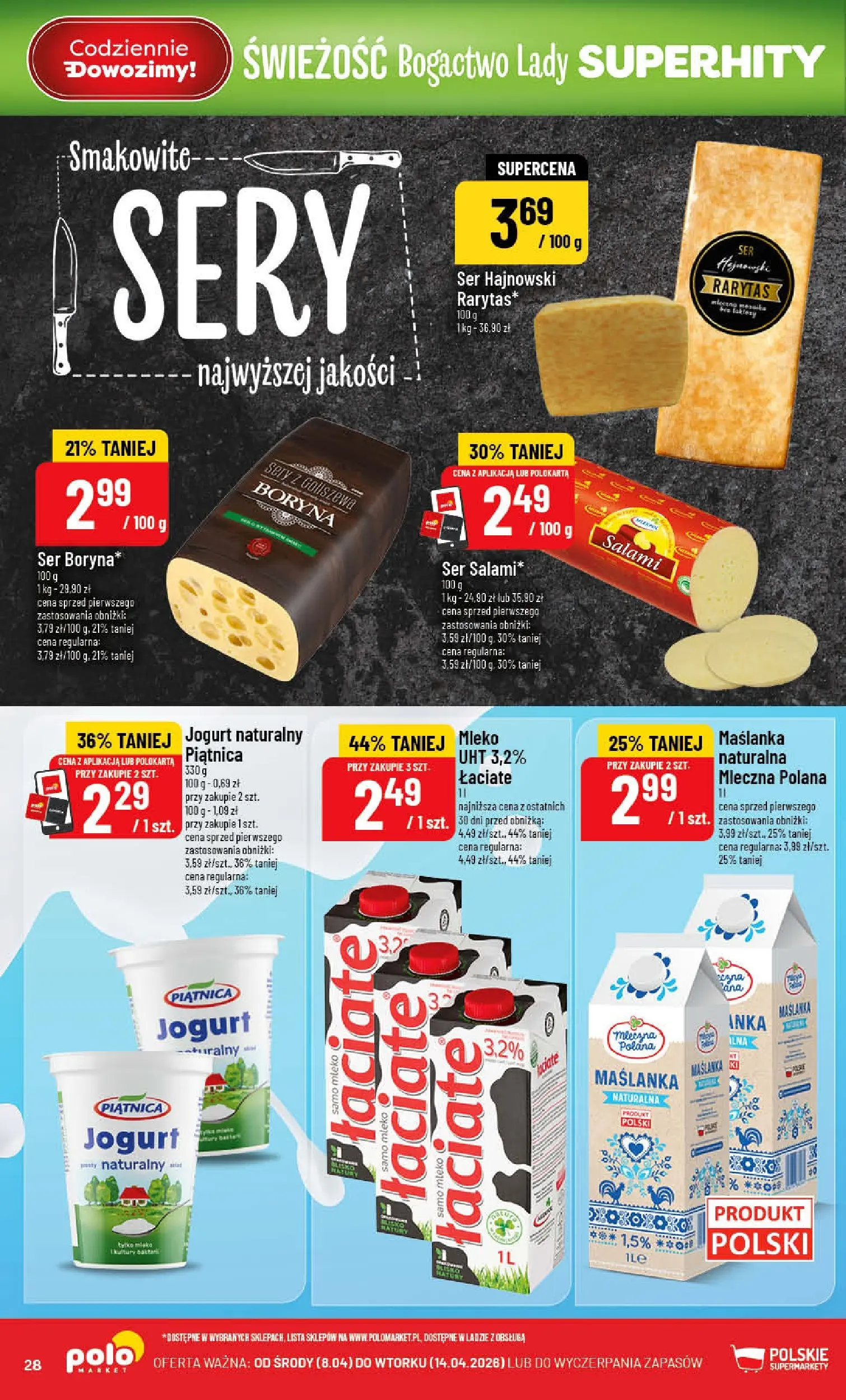 Nowa POLOmarket gazetka od jutra 08.04.2026 | Strona: 28 | Produkty: Jogurt naturalny, Mleko, Jogurt, Salami