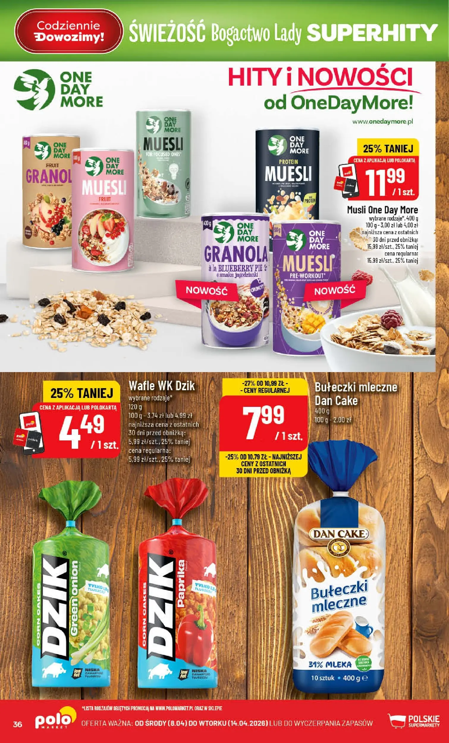 Nowa POLOmarket gazetka od jutra 08.04.2026 | Strona: 36 | Produkty: Wafle, Granola, Mleka, Musli
