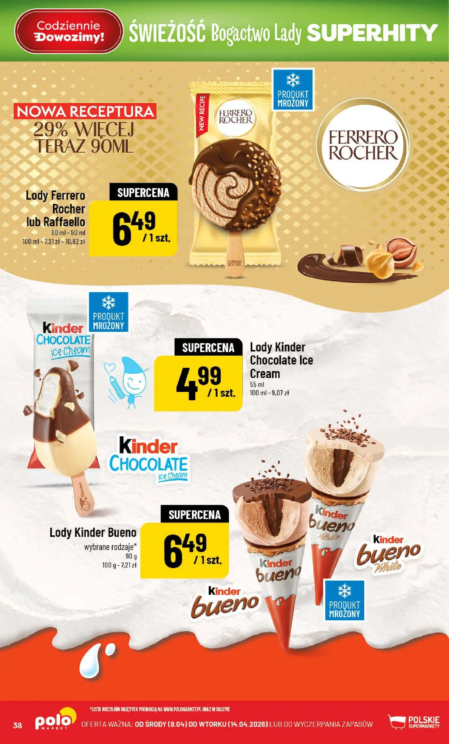 Nowa POLOmarket gazetka od jutra 08.04.2026 | Strona: 38 | Produkty: Kinder Bueno, Lody