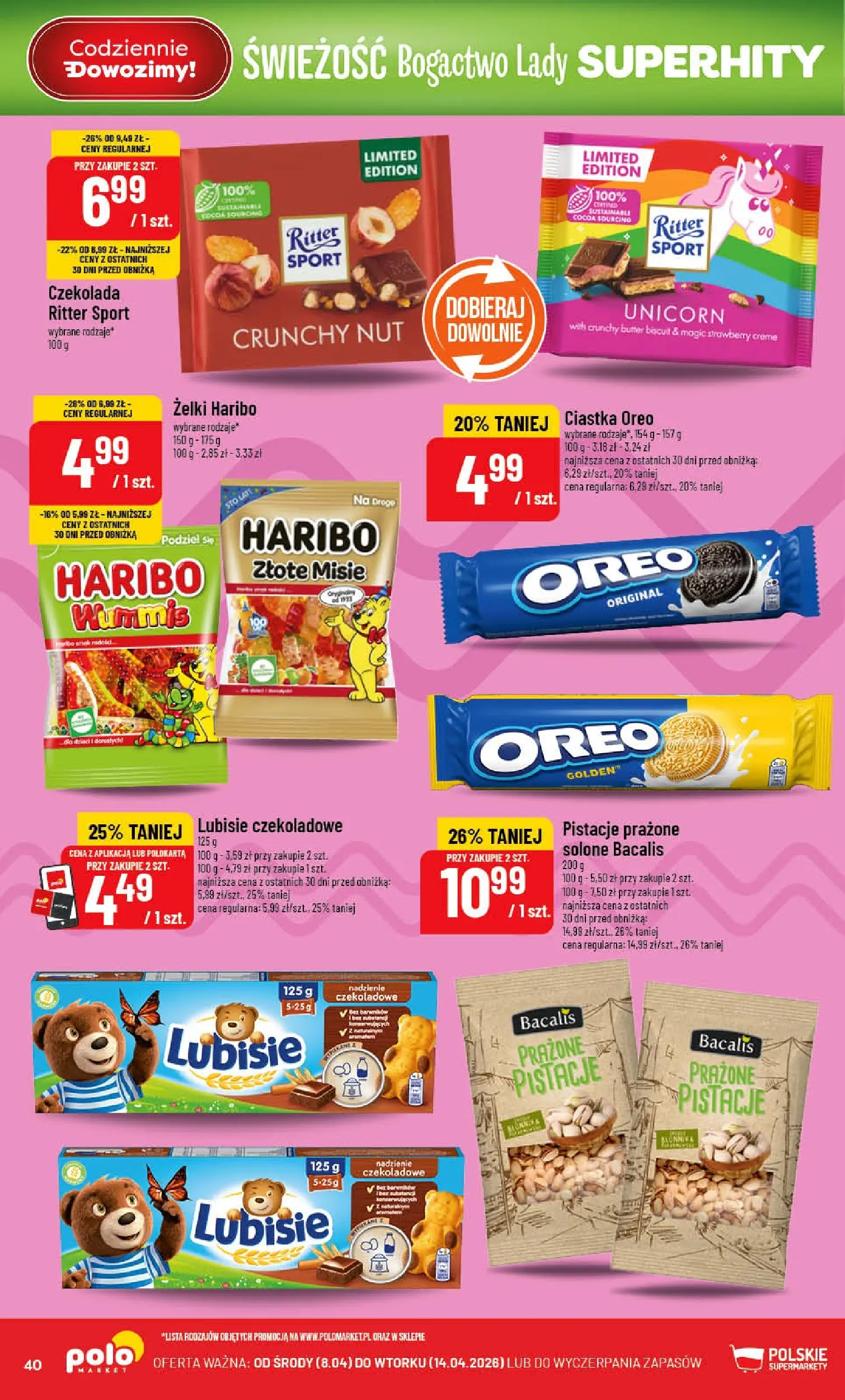 Nowa POLOmarket gazetka od jutra 08.04.2026 | Strona: 40 | Produkty: Żelki haribo, Ciastka Oreo, Czekolada, Ciastka