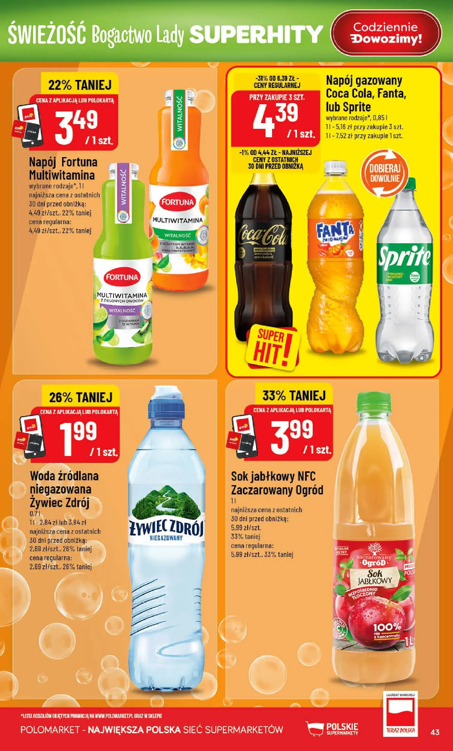 Nowa POLOmarket gazetka od jutra 08.04.2026 | Strona: 43 | Produkty: Woda źródlana, Sprite, Sok, Woda