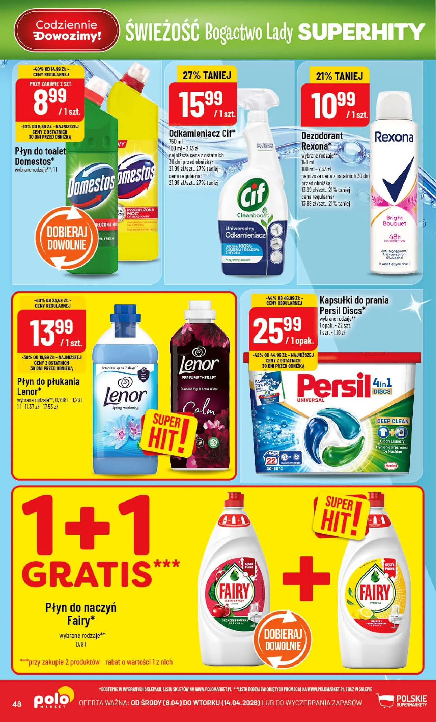 Nowa POLOmarket gazetka od jutra 08.04.2026 | Strona: 48 | Produkty: Persil, Domestos, Kapsułki do prania, Fairy