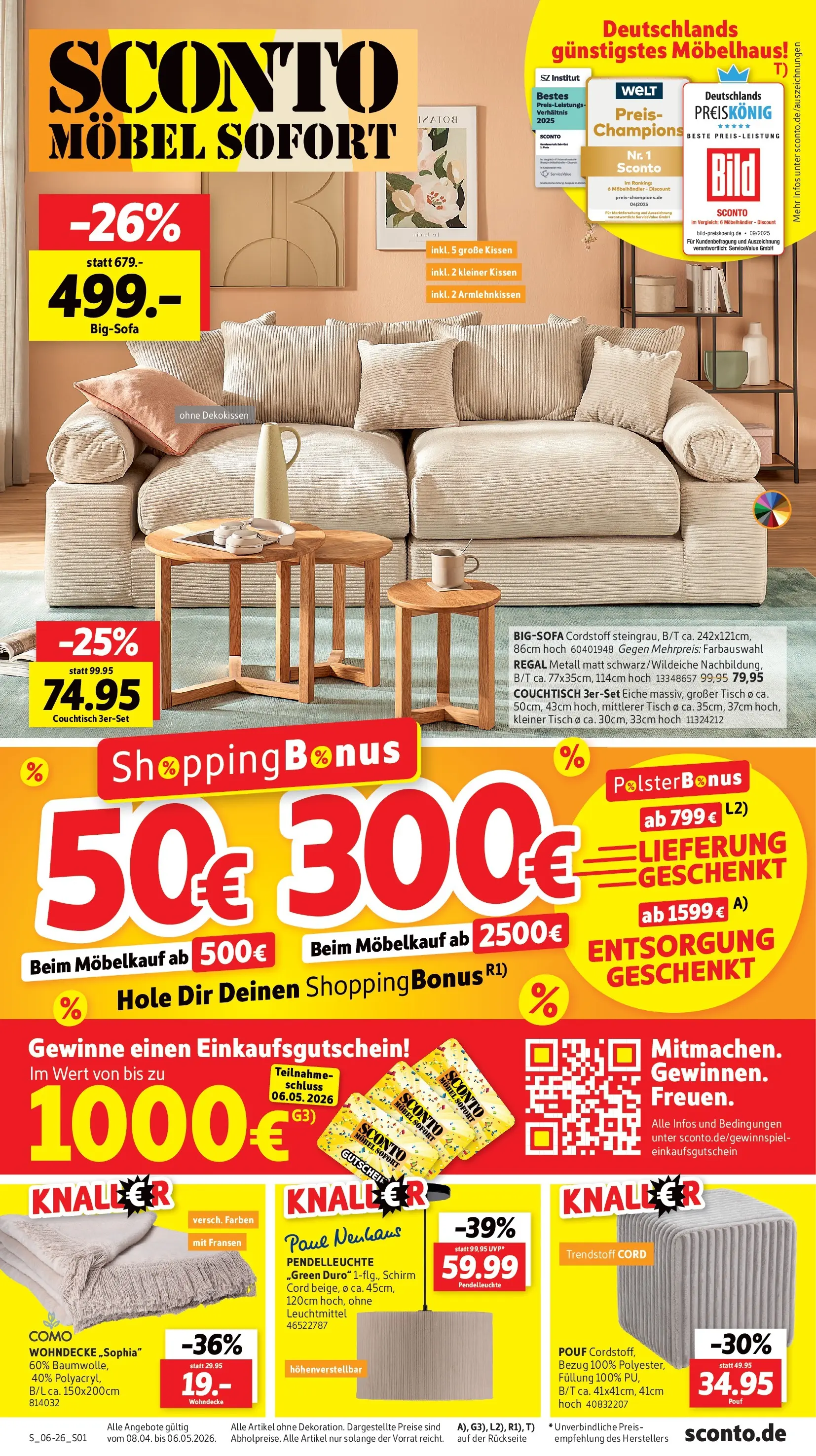 Sconto Prospekt Großpösna (ab 08.04.2026) zum Blättern | Seite: 1 | Produkte: Bigsofa, Kissen, Tisch, Pouf