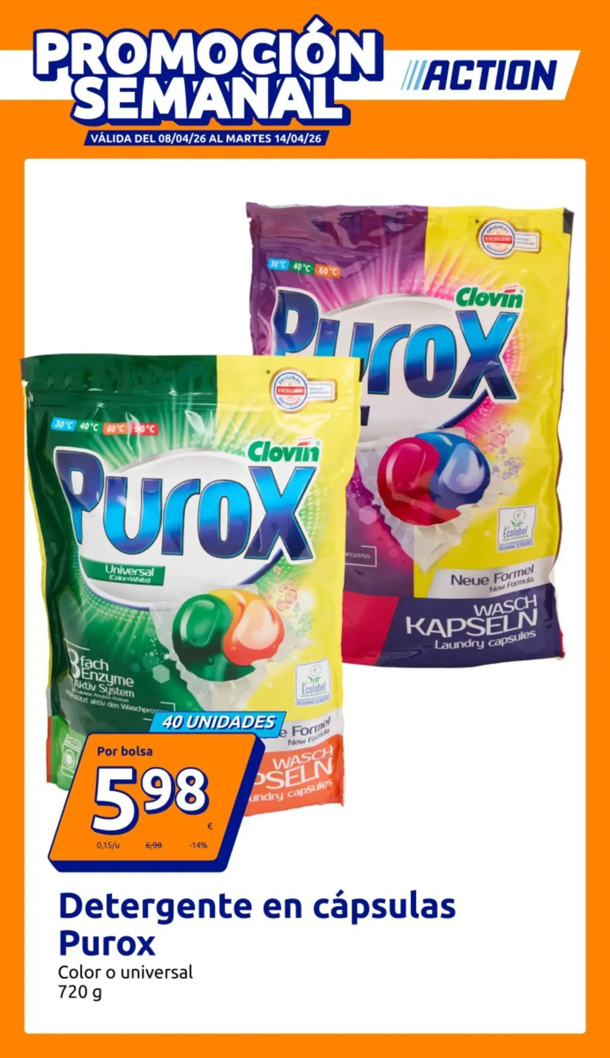Action folleto 08/04/2026 - 14/04/2026 | Página: 1 | Productos: Detergente, Bolsa