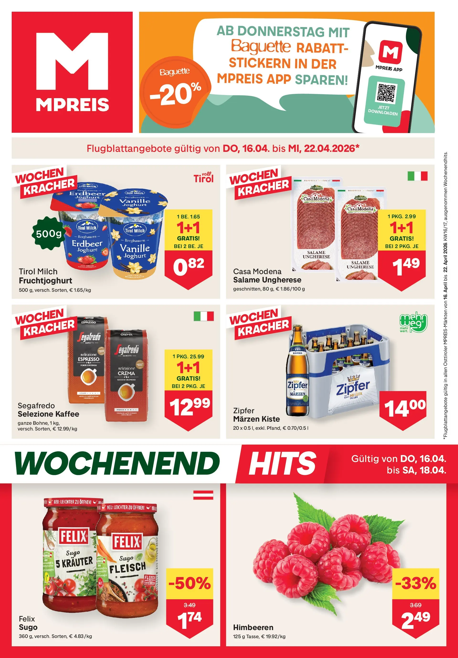 MPREIS Sillian von 16.04.2026 - Aktuelle Angebote | Seite: 1 | Produkte: Jääkaappipakastin, Milch, Joghurt, Kaffee