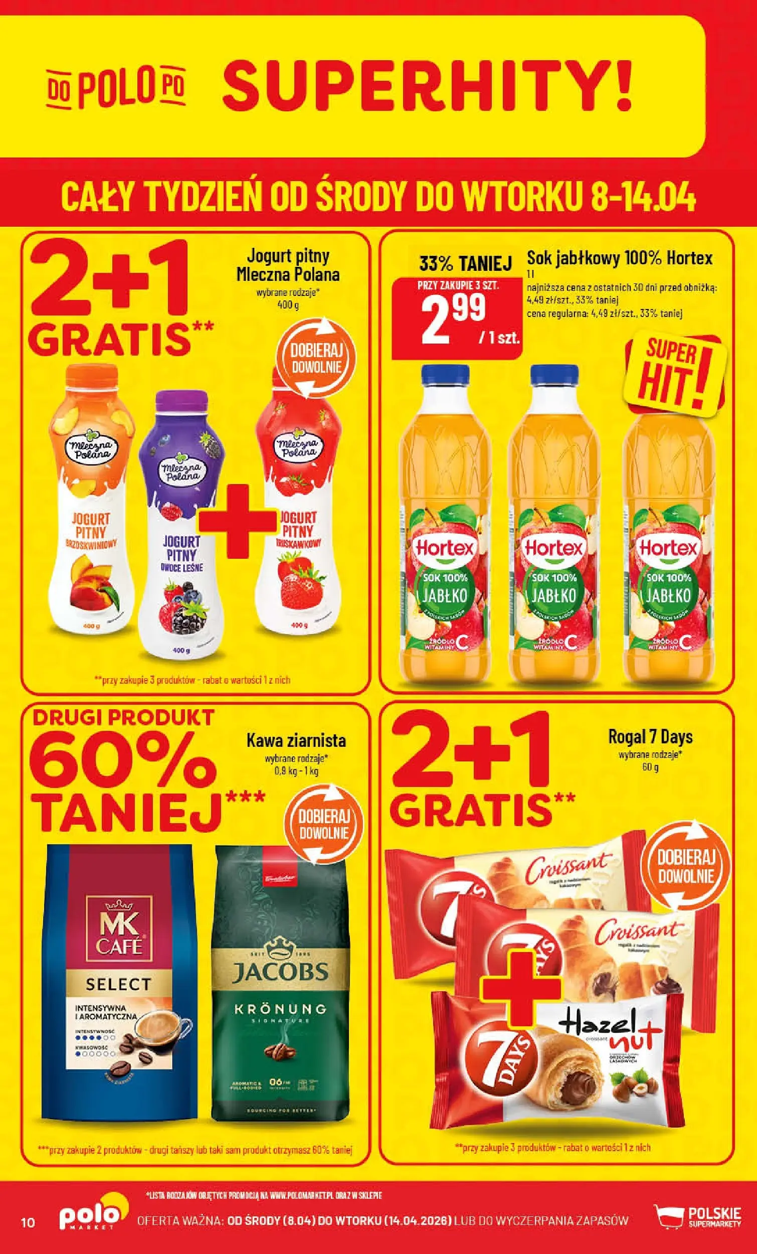 Nowa POLOmarket gazetka od jutra 08.04.2026 | Strona: 10 | Produkty: Sok jabłkowy, Jogurt pitny, Kawa ziarnista, Jogurt