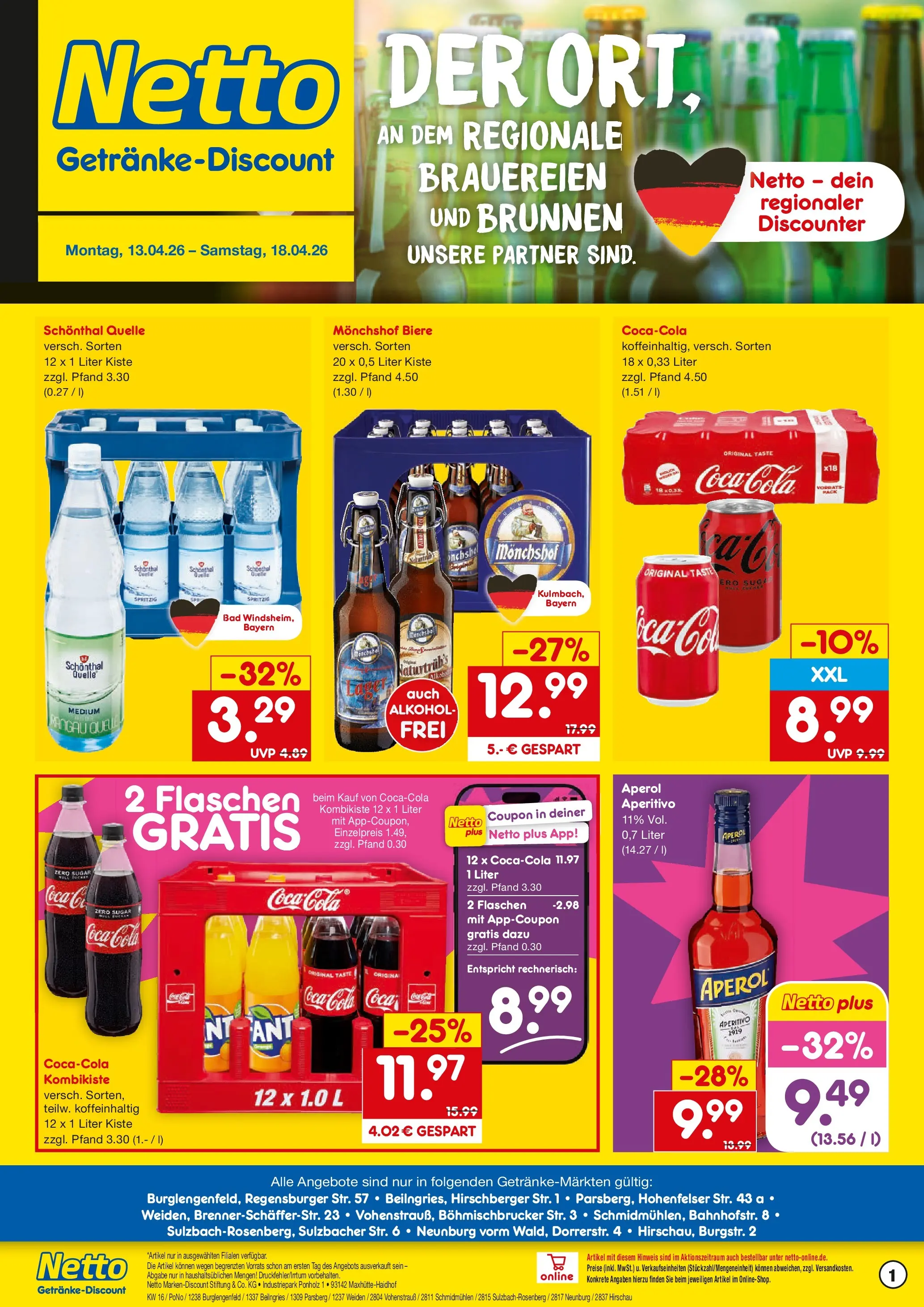 Netto Marken-Discount Prospekt Neunburg Vorm Wald	 (ab 13.04.2026) » Angebote | Seite: 1 | Produkte: Coca cola, Cola, Bad, Aperol