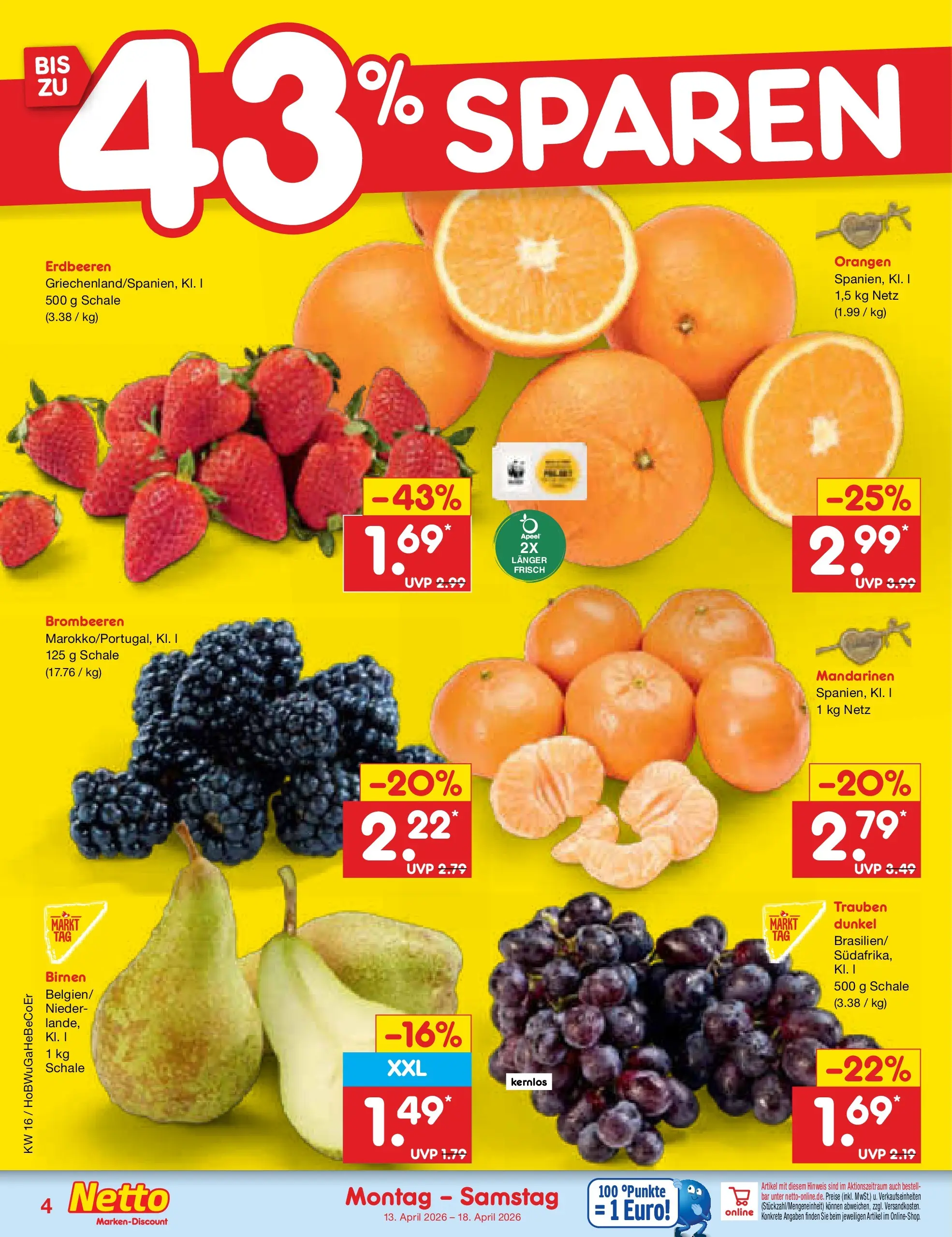 Netto Marken-Discount Prospekt Nordhausen	 (ab 13.04.2026) » Angebote | Seite: 6 | Produkte: Trauben, Mandarinen, Orangen, Erdbeeren