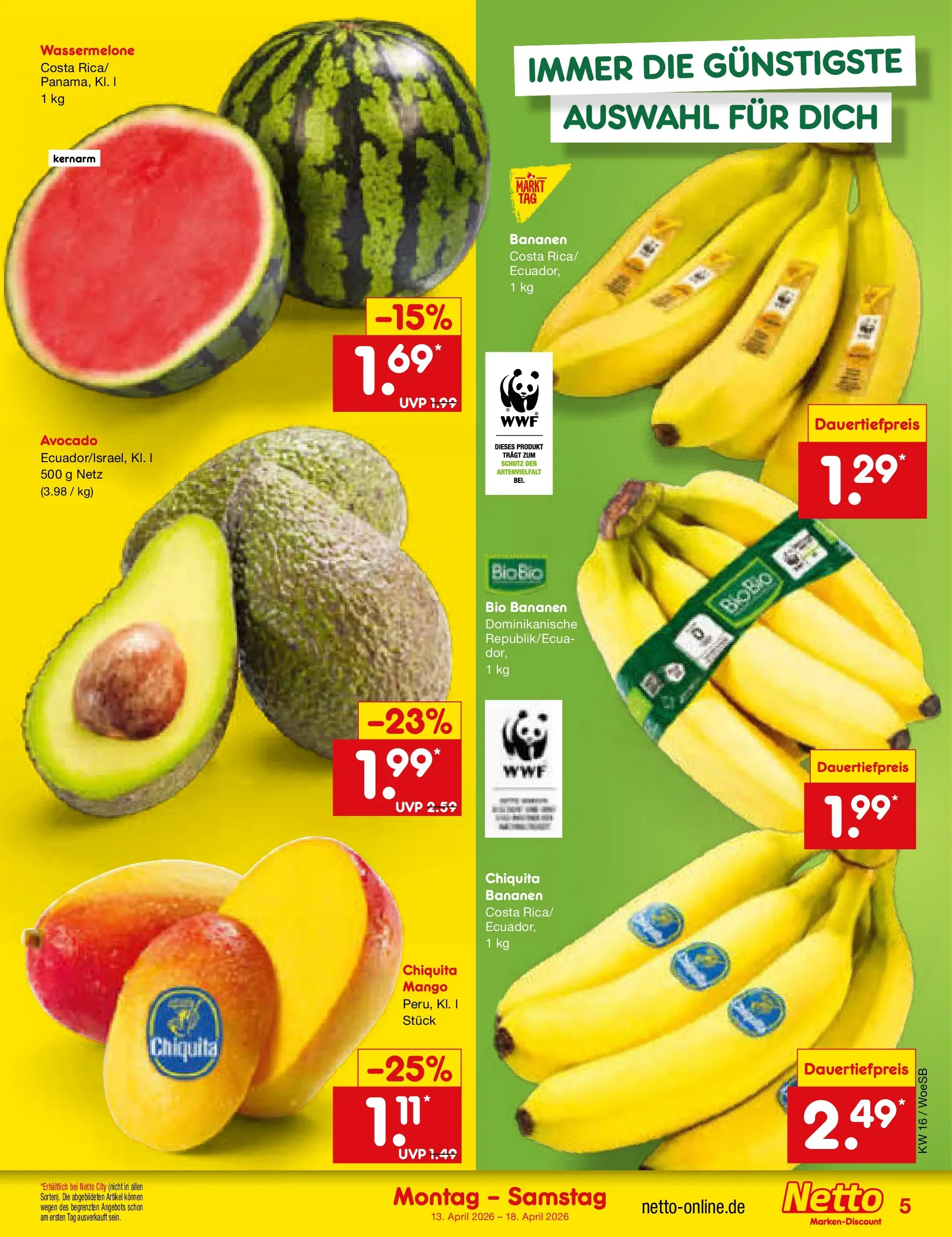 Netto Marken-Discount Prospekt Katzweiler	 (ab 13.04.2026) » Angebote | Seite: 6 | Produkte: Bananen, Avocado, Mango, Wassermelone