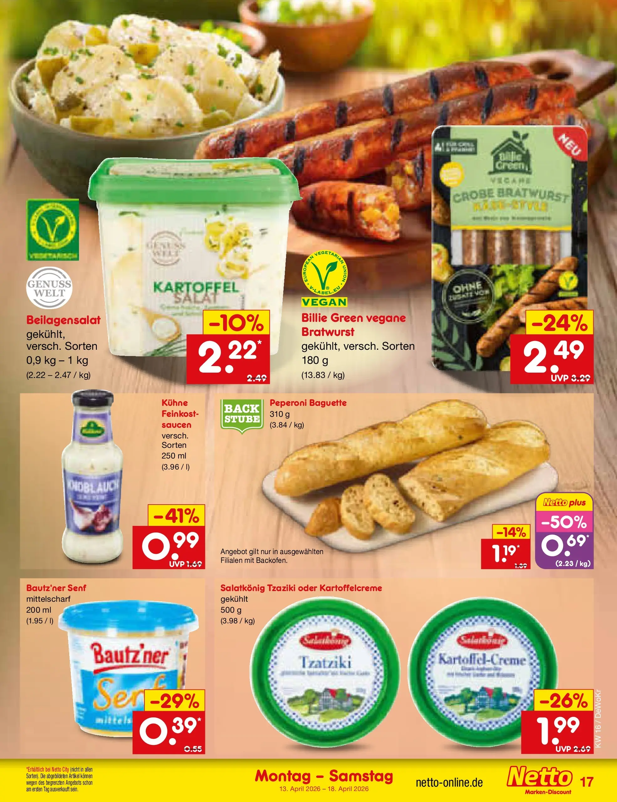 Netto Marken-Discount Prospekt Waiblingen-Bittenfeld	 (ab 13.04.2026) » Angebote | Seite: 19 | Produkte: Bratwurst, Baguette, Salat