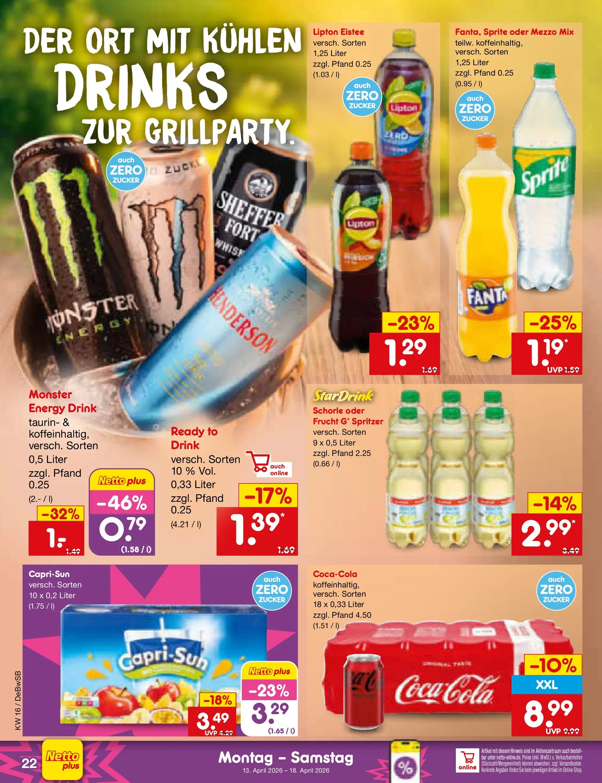 Netto Marken-Discount Prospekt Waiblingen-Bittenfeld	 (ab 13.04.2026) » Angebote | Seite: 34 | Produkte: Fanta, Cola, Monster, Zucker