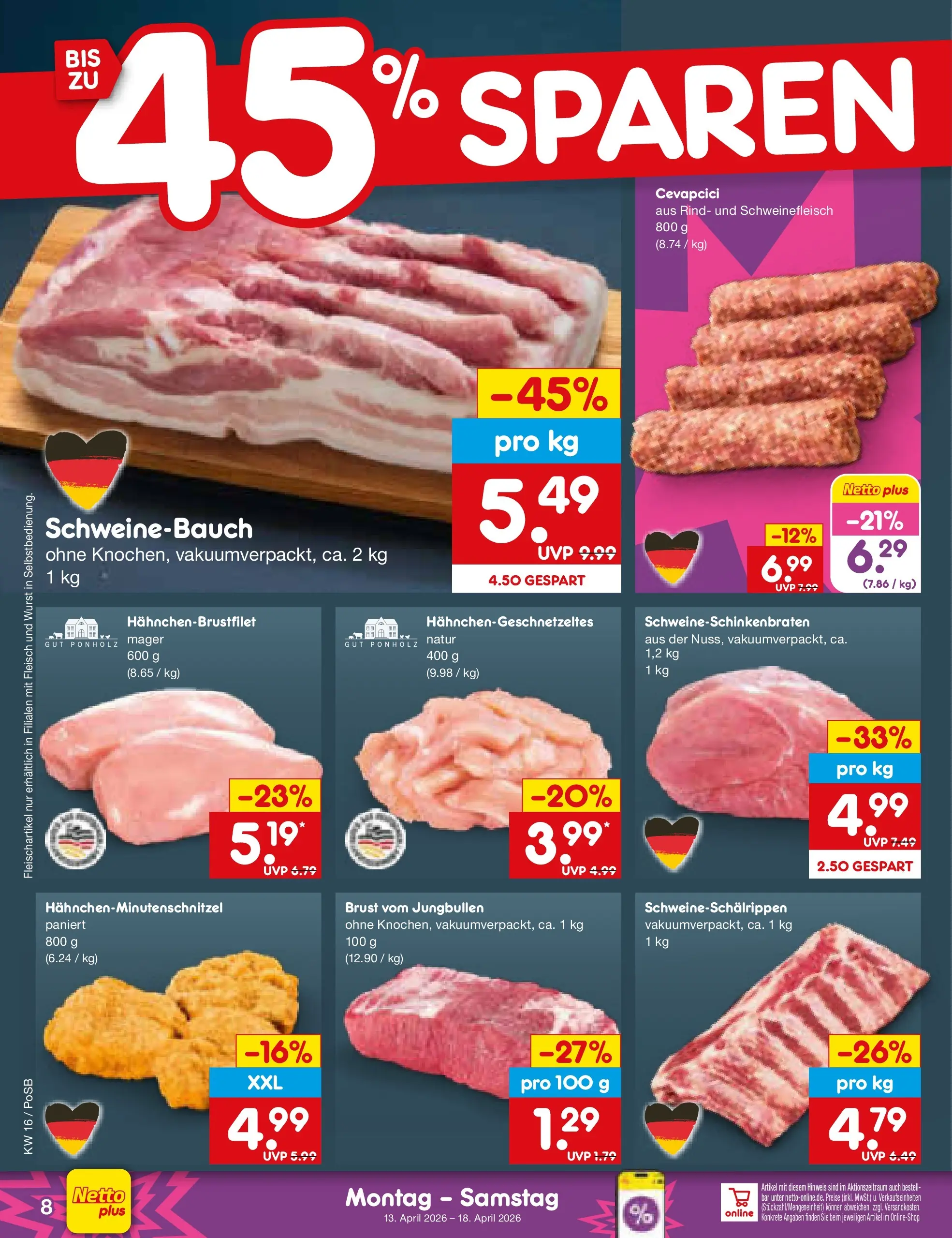 Netto Marken-Discount Prospekt Regensburg	 (ab 13.04.2026) » Angebote | Seite: 10 | Produkte: Schweinebauch, Cevapcici, Wurst, Fleisch