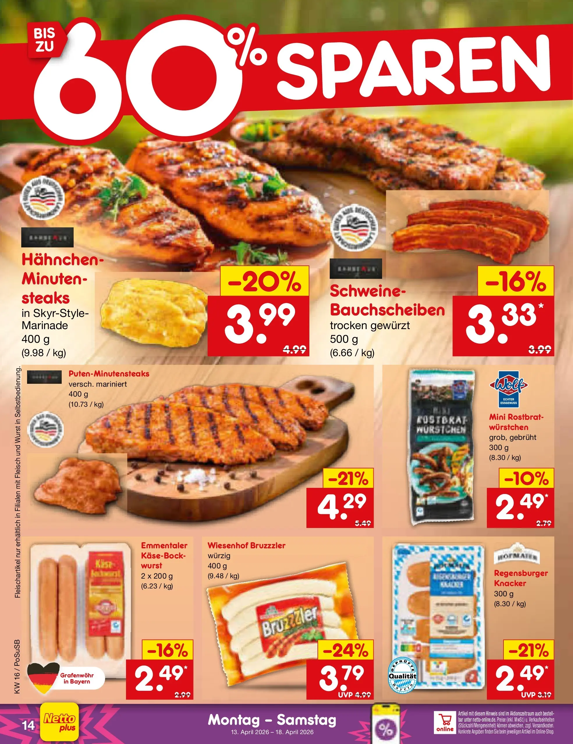Netto Marken-Discount Prospekt Regensburg	 (ab 13.04.2026) » Angebote | Seite: 16 | Produkte: Hahnchen, Wurst, Fleisch
