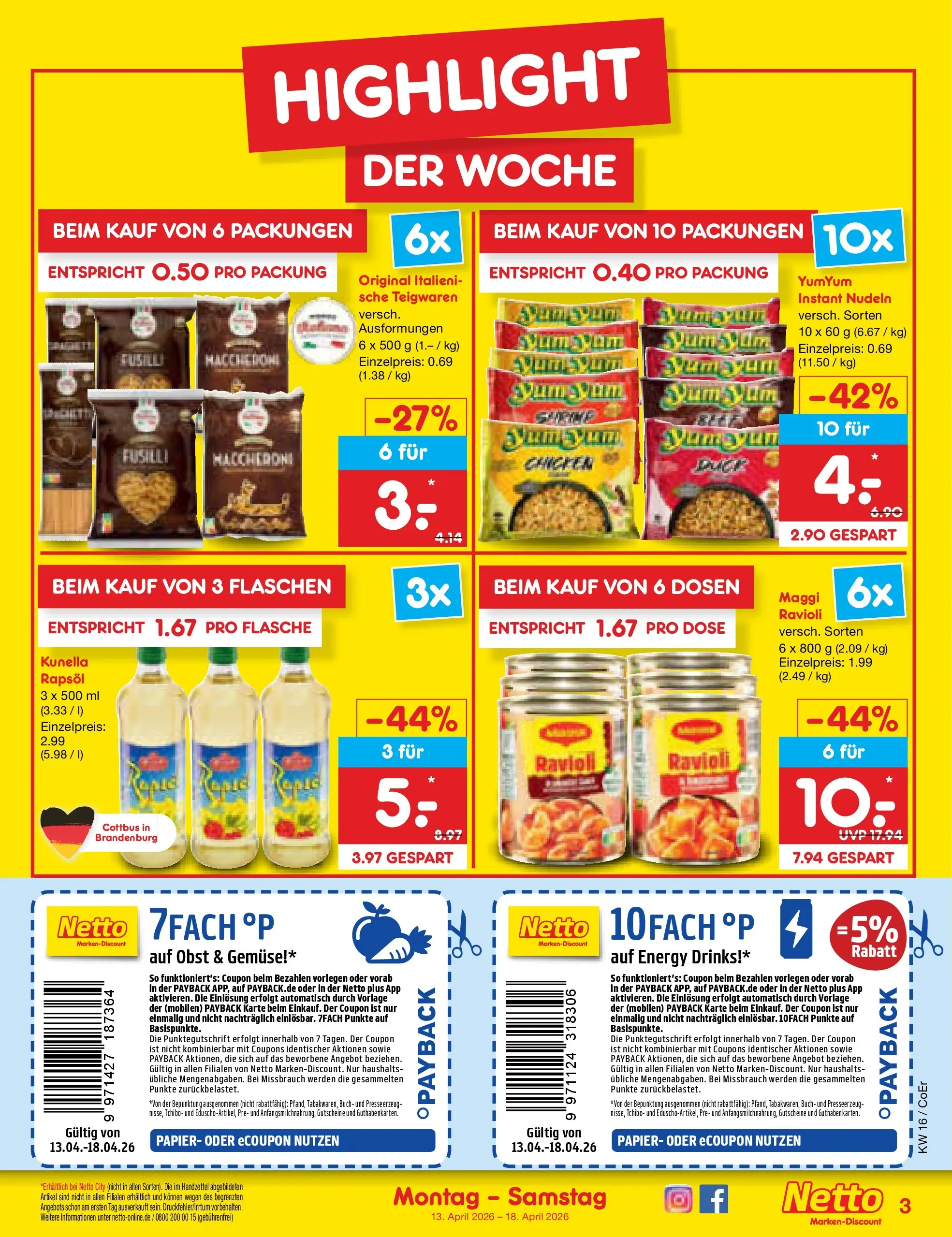Netto Marken-Discount Prospekt Nordhausen	 (ab 13.04.2026) » Angebote | Seite: 3 | Produkte: Rapsöl, Gemüse, Obst, Nudeln