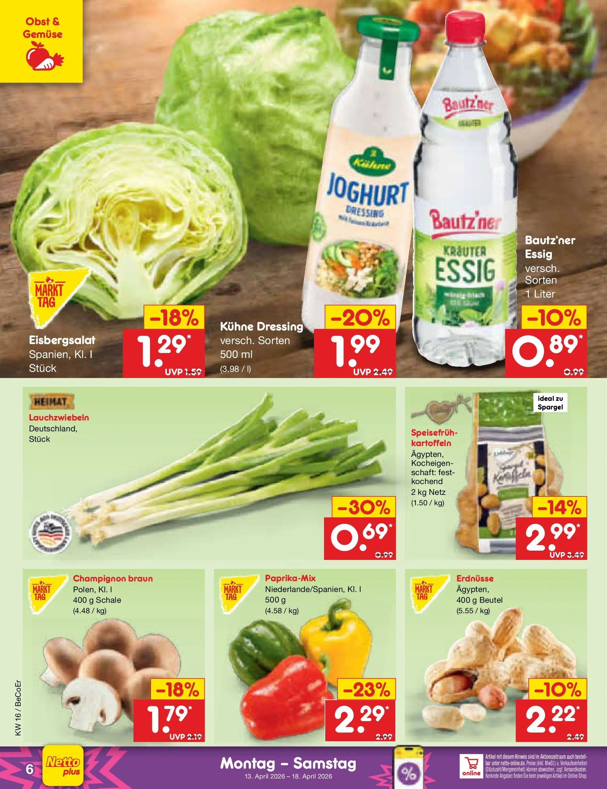 Netto Marken-Discount Prospekt Nordhausen	 (ab 13.04.2026) » Angebote | Seite: 8 | Produkte: Essig, Dressing, Kartoffeln, Gemüse