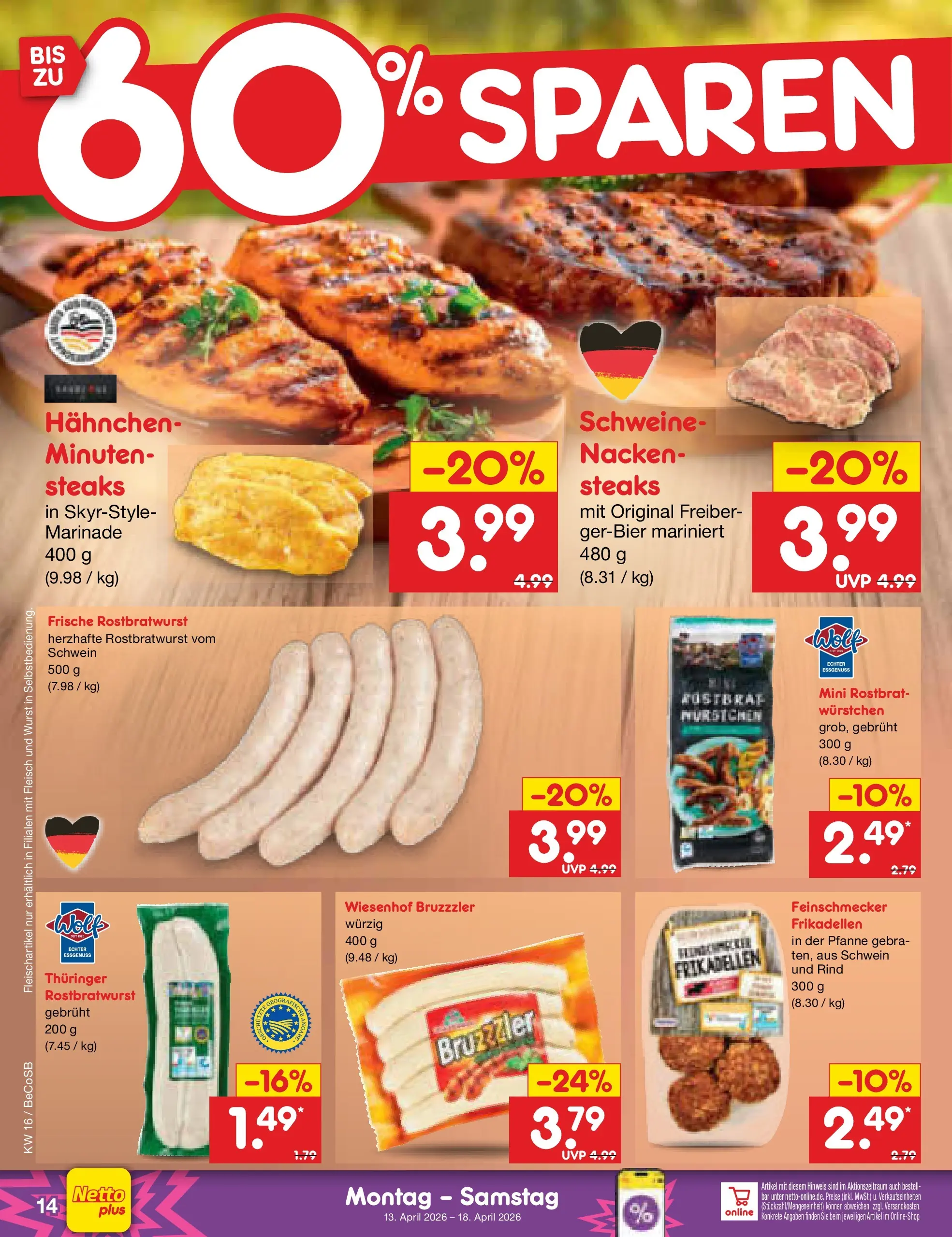 Netto Marken-Discount Prospekt Kremmen	 (ab 13.04.2026) » Angebote | Seite: 16 | Produkte: Hahnchen, Wurst, Fleisch