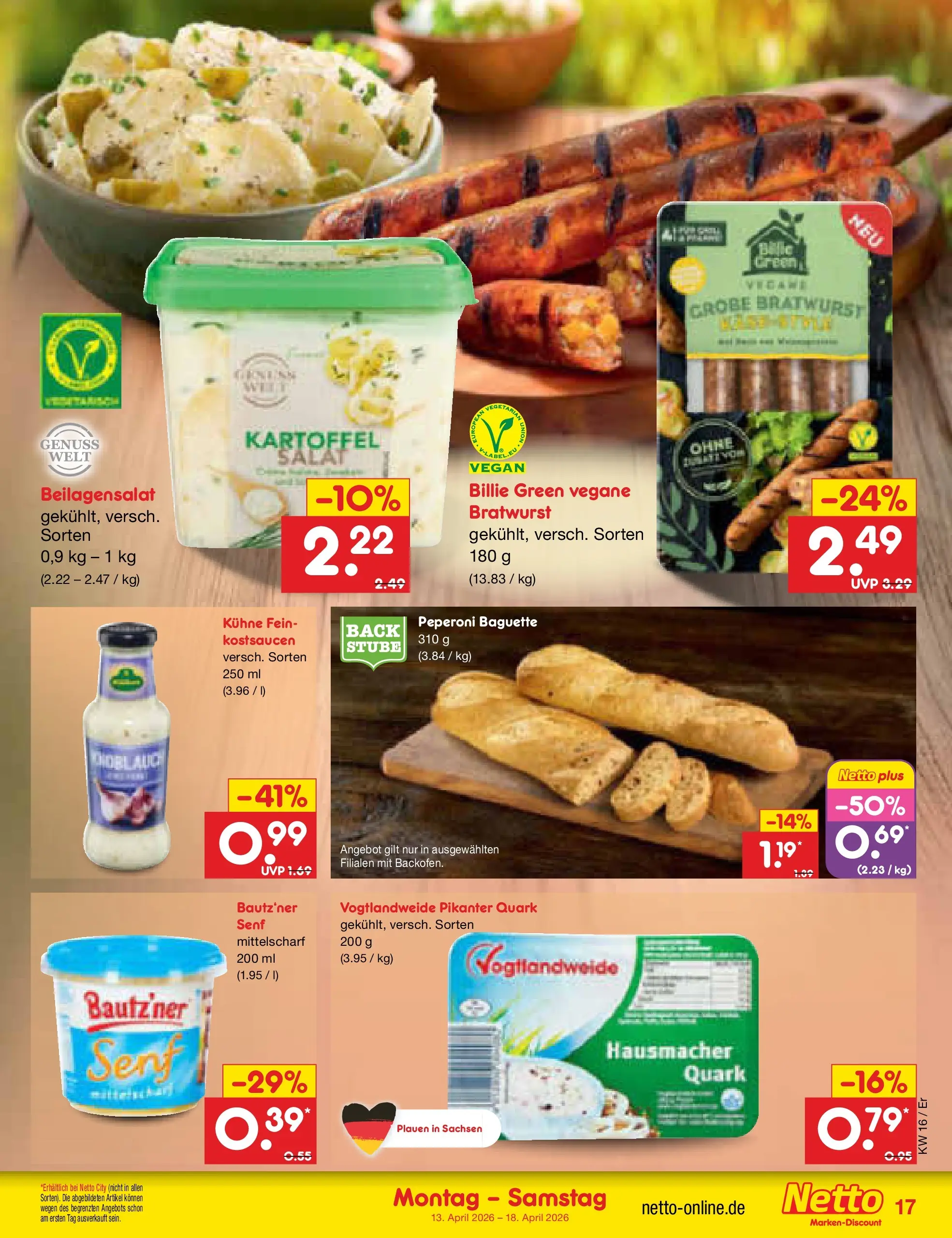 Netto Marken-Discount Prospekt Nordhausen	 (ab 13.04.2026) » Angebote | Seite: 19 | Produkte: Quark, Bratwurst, Baguette, Salat