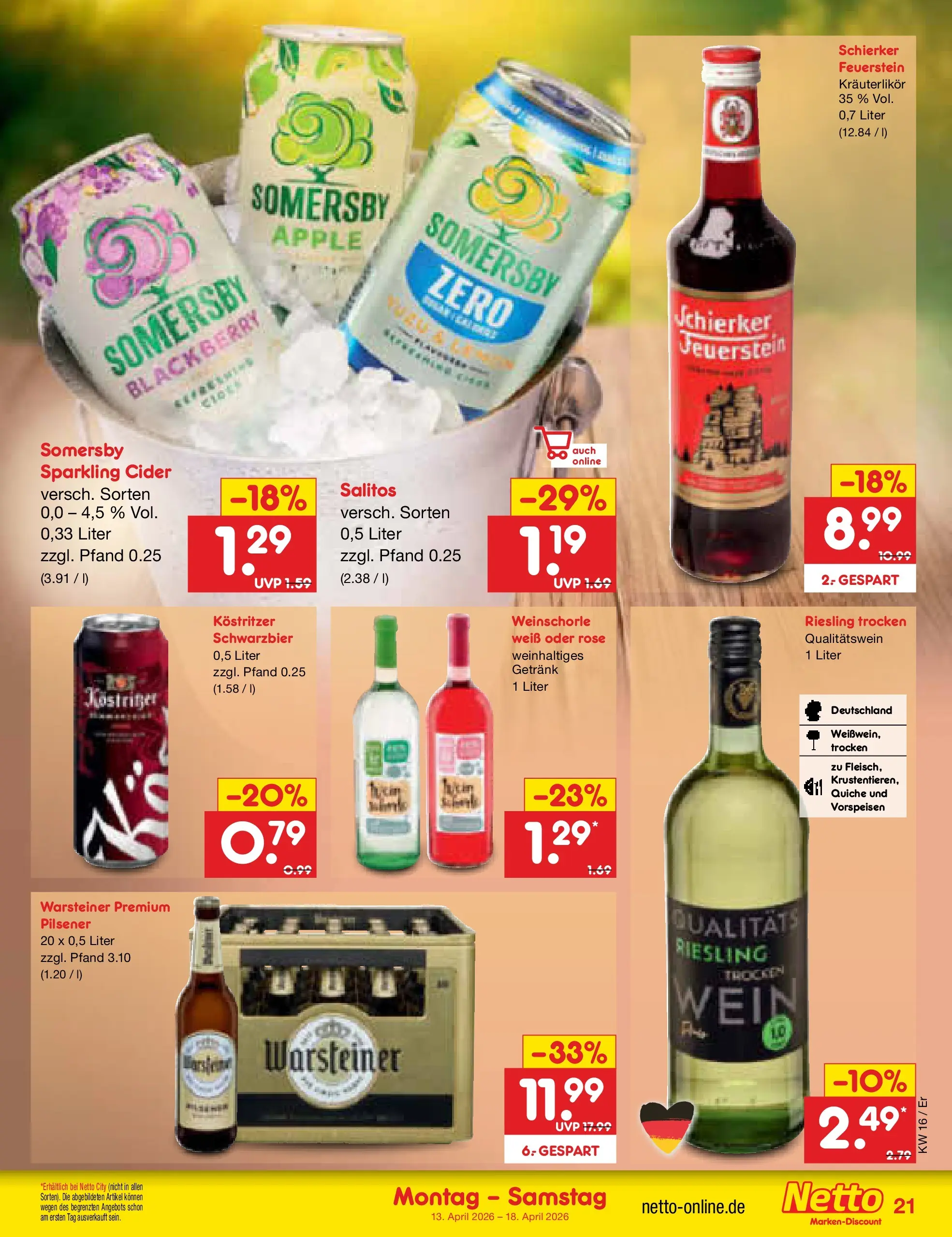 Netto Marken-Discount Prospekt Nordhausen	 (ab 13.04.2026) » Angebote | Seite: 29 | Produkte: Kostritzer, Weinschorle, Warsteiner, Wein
