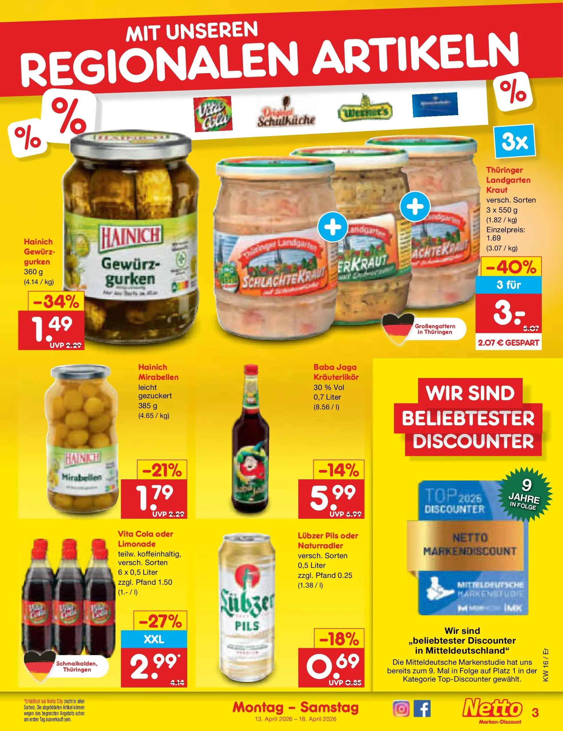 Netto Marken-Discount Prospekt Nordhausen	 (ab 13.04.2026) » Angebote | Seite: 33 | Produkte: Cola, Pils, Kraut, Gurken