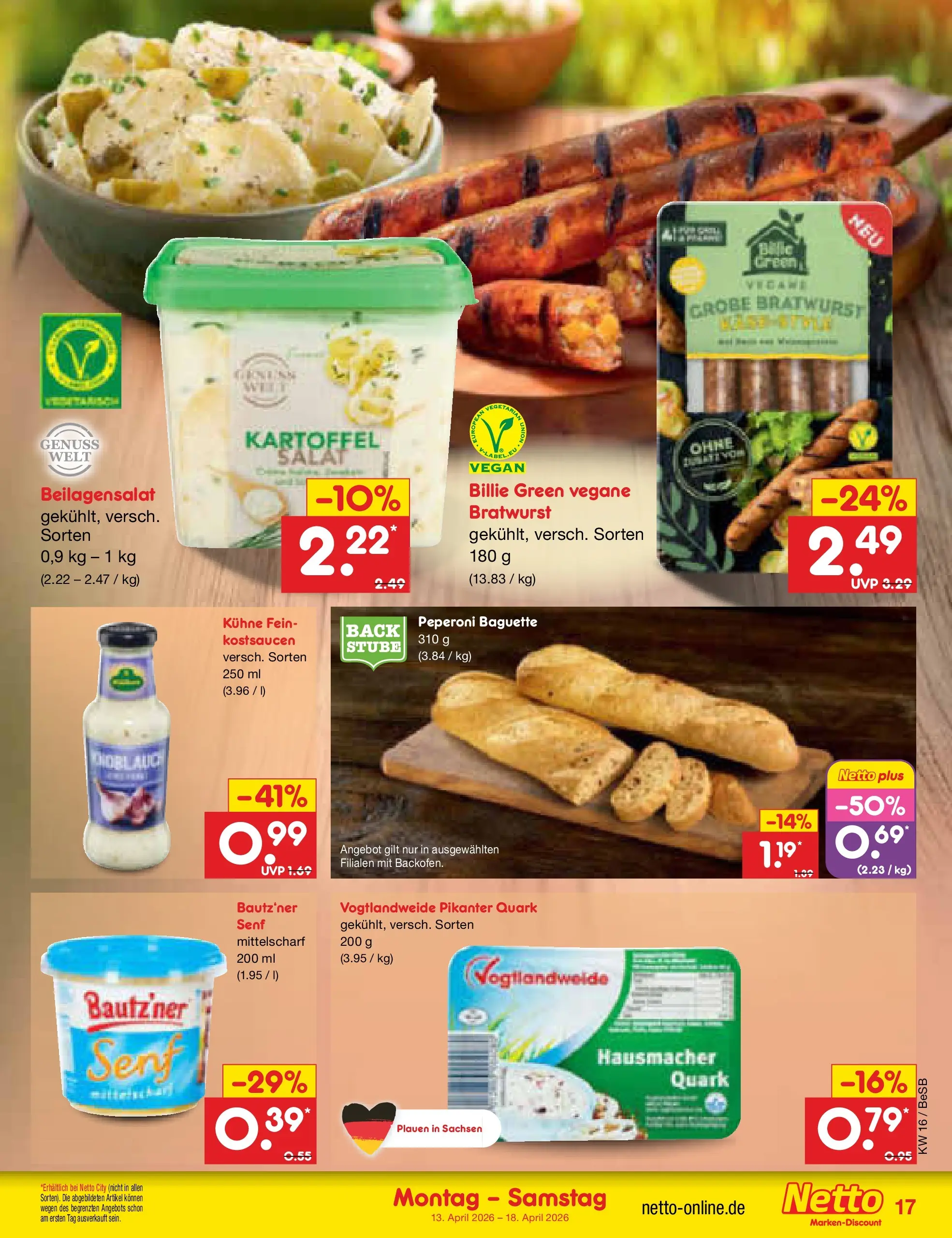 Netto Marken-Discount Prospekt Kremmen	 (ab 13.04.2026) » Angebote | Seite: 19 | Produkte: Quark, Bratwurst, Baguette, Salat