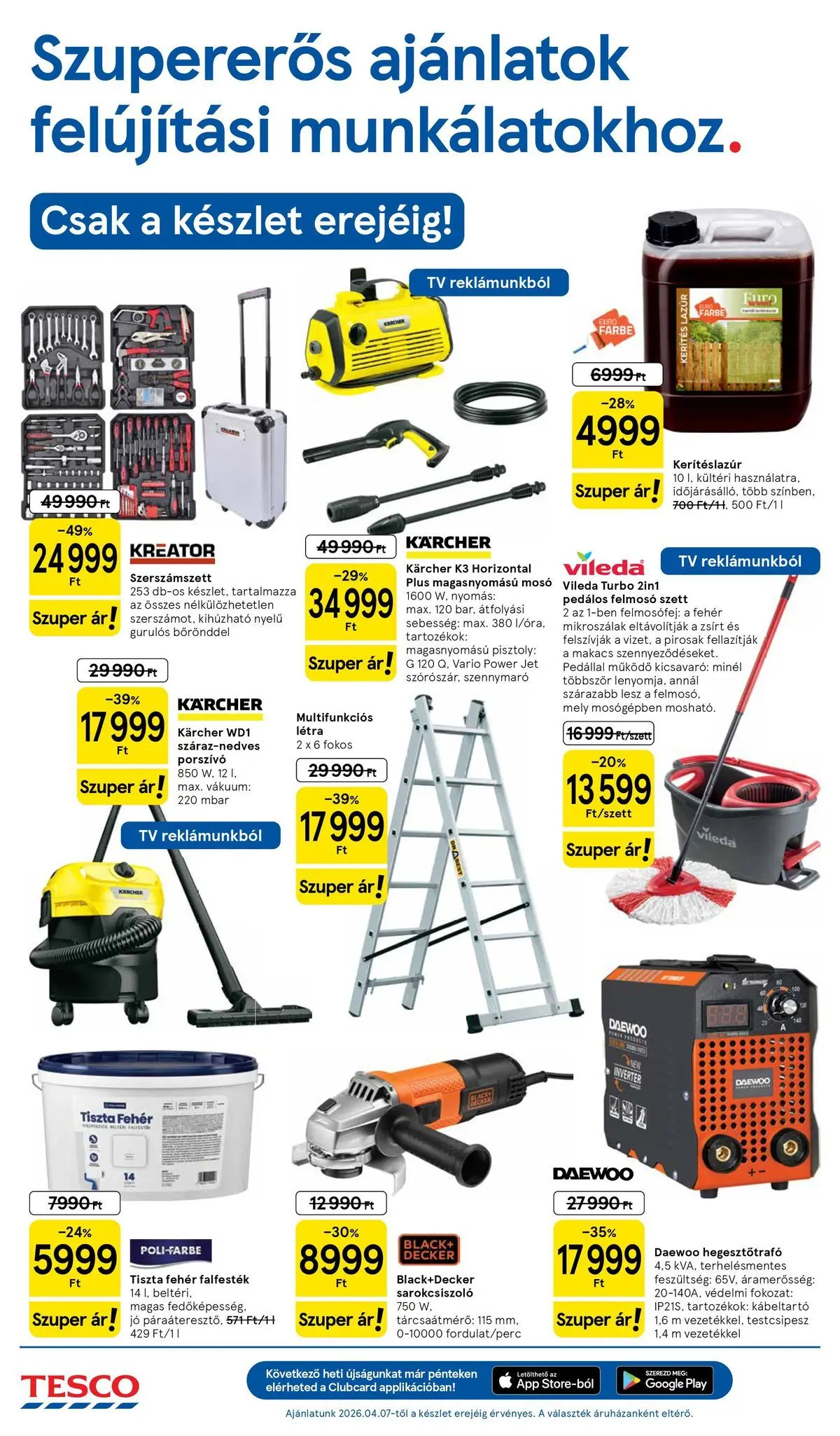 Tesco akciós újság - 2026.04.07.-tól - online | Oldal: 14 | Termékek: Felmosó, Porszívó, Magasnyomású mosó, Létr