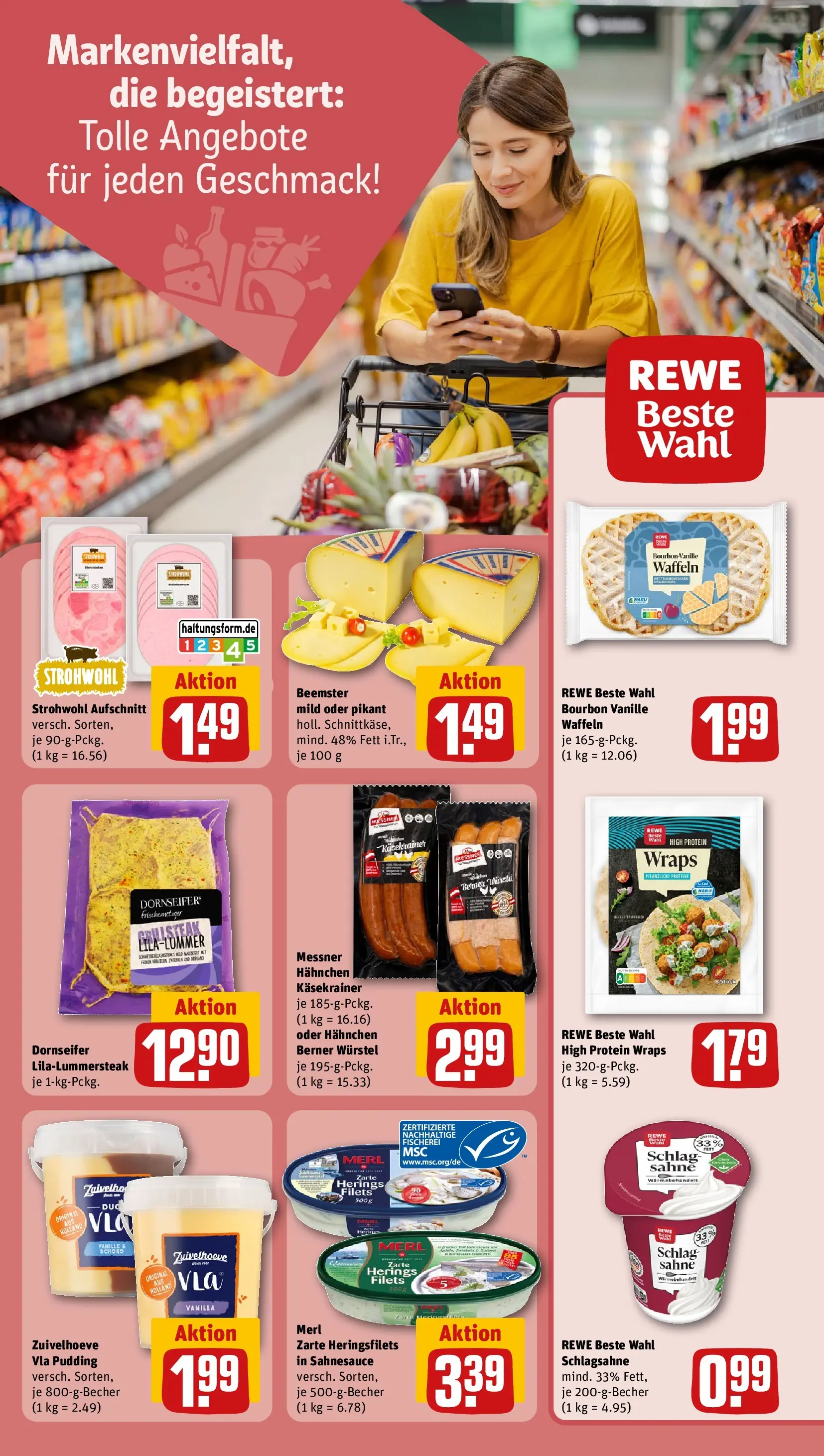 REWE Prospekt ab 12.04.2026 zum Blättern » Angebote | Seite: 19 | Produkte: Käsekrainer, Pudding, Waffeln, Sahne
